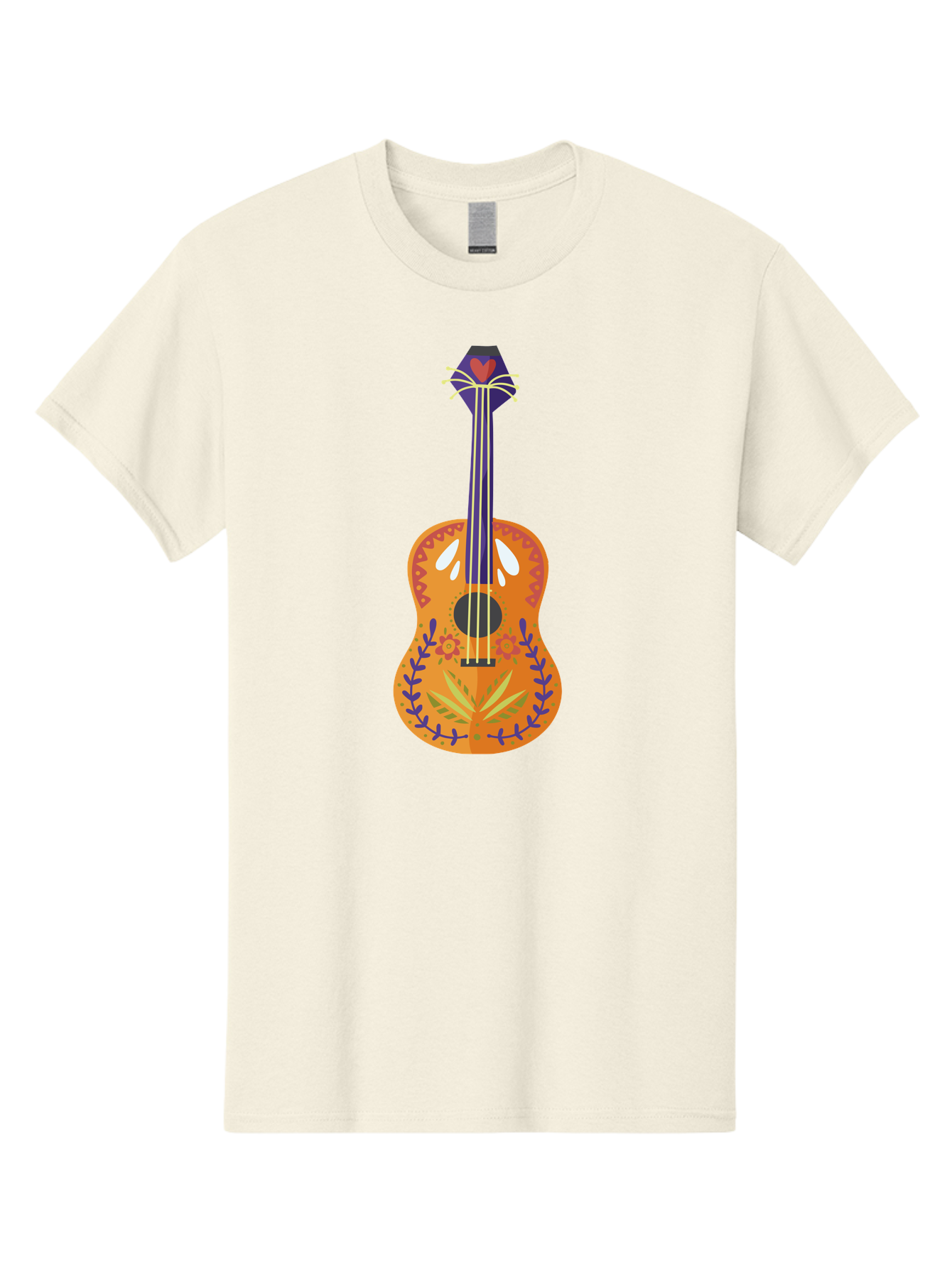 Mexican-Guitar Men'S Graphic Tee, 100% Cotton, Comfortable Casual Summer Wear, Machine Washable, Acoustic Guitar, Stringed Instrument, Music, Floral Pattern, Red And Blue Design, Orange Body, Yellow And White Strings, Cat Face Headstock Aad722 5