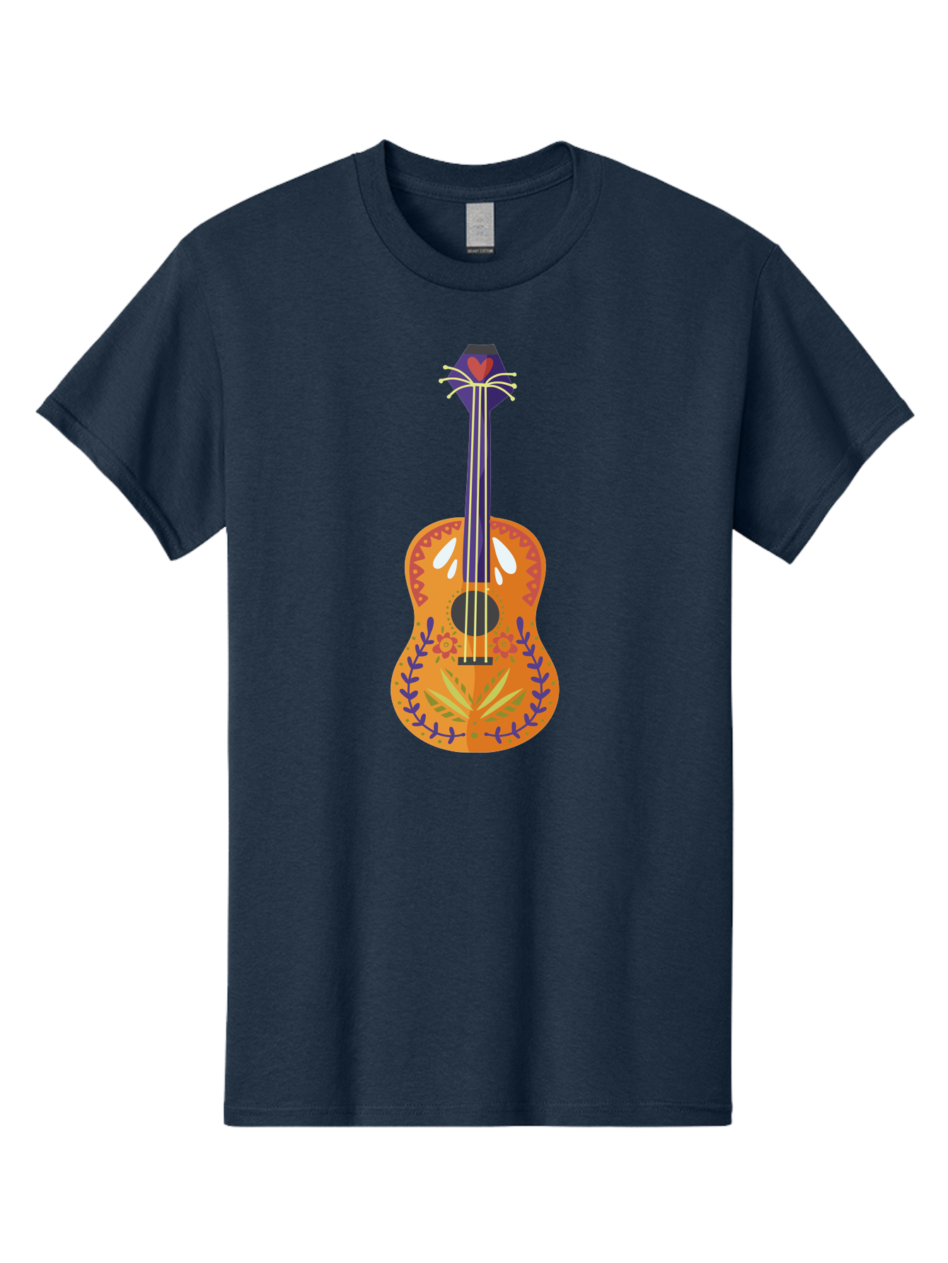 Mexican-Guitar Men'S Graphic Tee, 100% Cotton, Comfortable Casual Summer Wear, Machine Washable, Acoustic Guitar, Stringed Instrument, Music, Floral Pattern, Red And Blue Design, Orange Body, Yellow And White Strings, Cat Face Headstock Aad722 15