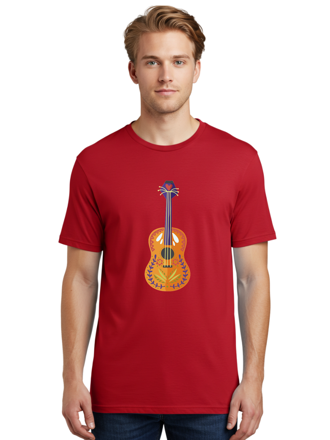 Mexican-Guitar Men'S Graphic Tee, 100% Cotton, Comfortable Casual Summer Wear, Machine Washable, Acoustic Guitar, Stringed Instrument, Music, Floral Pattern, Red And Blue Design, Orange Body, Yellow And White Strings, Cat Face Headstock Aad722 8
