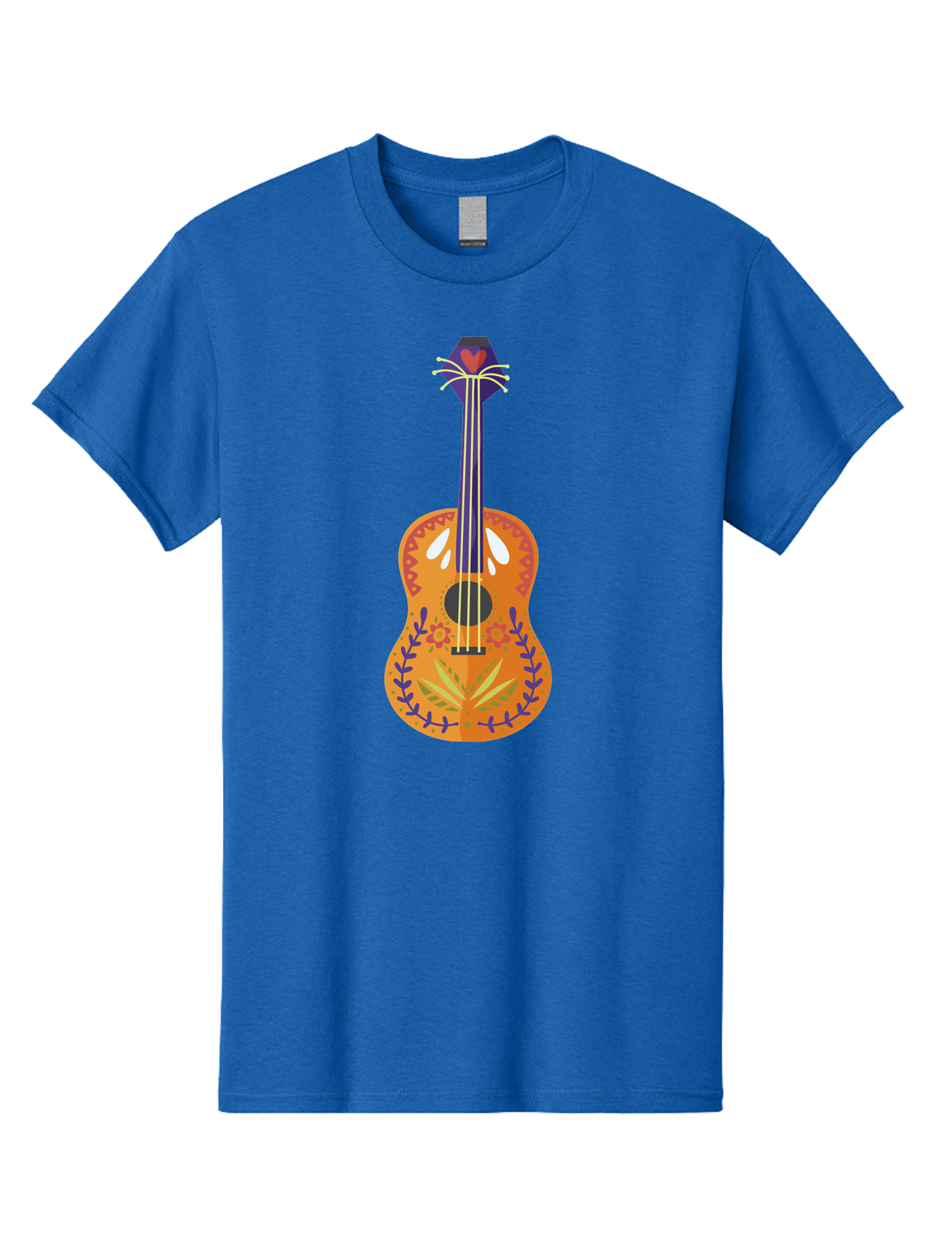 Mexican-Guitar Men'S Graphic Tee, 100% Cotton, Comfortable Casual Summer Wear, Machine Washable, Acoustic Guitar, Stringed Instrument, Music, Floral Pattern, Red And Blue Design, Orange Body, Yellow And White Strings, Cat Face Headstock Aad722 29