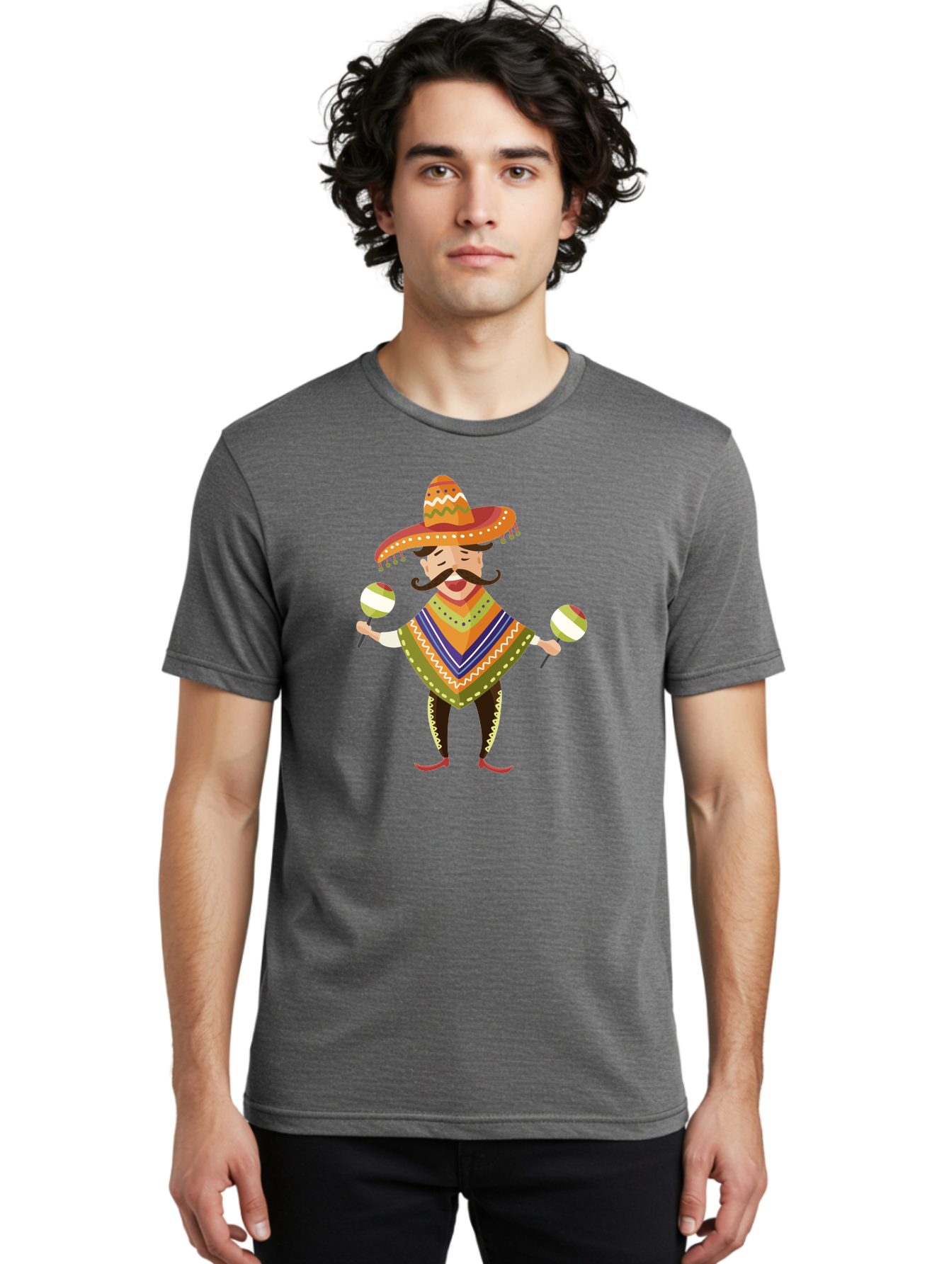 Mexican-Man-With-Maracas Men'S Graphic Tee, 100% Cotton, Comfortable Casual Summer Wear, Machine Washable, Mariachi Man, Traditional Mexican Clothing, Colorful Poncho, Sombrero Hat, Maracas, Festive Atmosphere, Cultural Heritage, Lively Music, Aad723 2