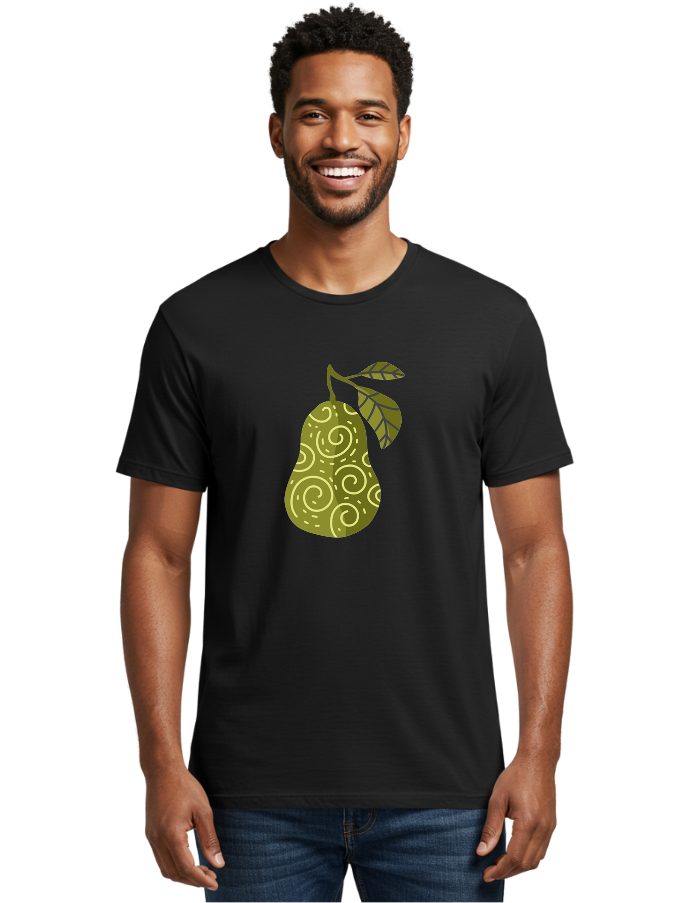 Pear-With-Leaves Men'S Graphic Tee, 100% Cotton, Comfortable Casual Summer Wear, Machine Washable, Pear Fruit, Swirly Patterns, Green Leaves, Fruit Icon, Food Illustration, Healthy Eating, Abstract Design, Stylized Pear Aad731 20