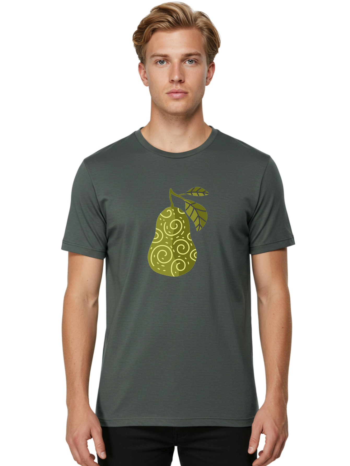 Pear-With-Leaves Men'S Graphic Tee, 100% Cotton, Comfortable Casual Summer Wear, Machine Washable, Pear Fruit, Swirly Patterns, Green Leaves, Fruit Icon, Food Illustration, Healthy Eating, Abstract Design, Stylized Pear Aad731 14