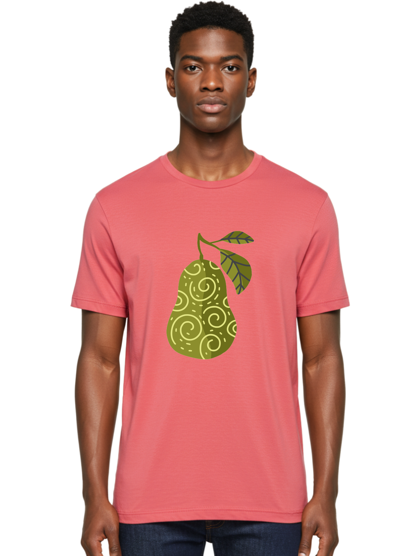 Pear-With-Leaves Men'S Graphic Tee, 100% Cotton, Comfortable Casual Summer Wear, Machine Washable, Pear Fruit, Swirly Patterns, Green Leaves, Fruit Icon, Food Illustration, Healthy Eating, Abstract Design, Stylized Pear Aad731 24