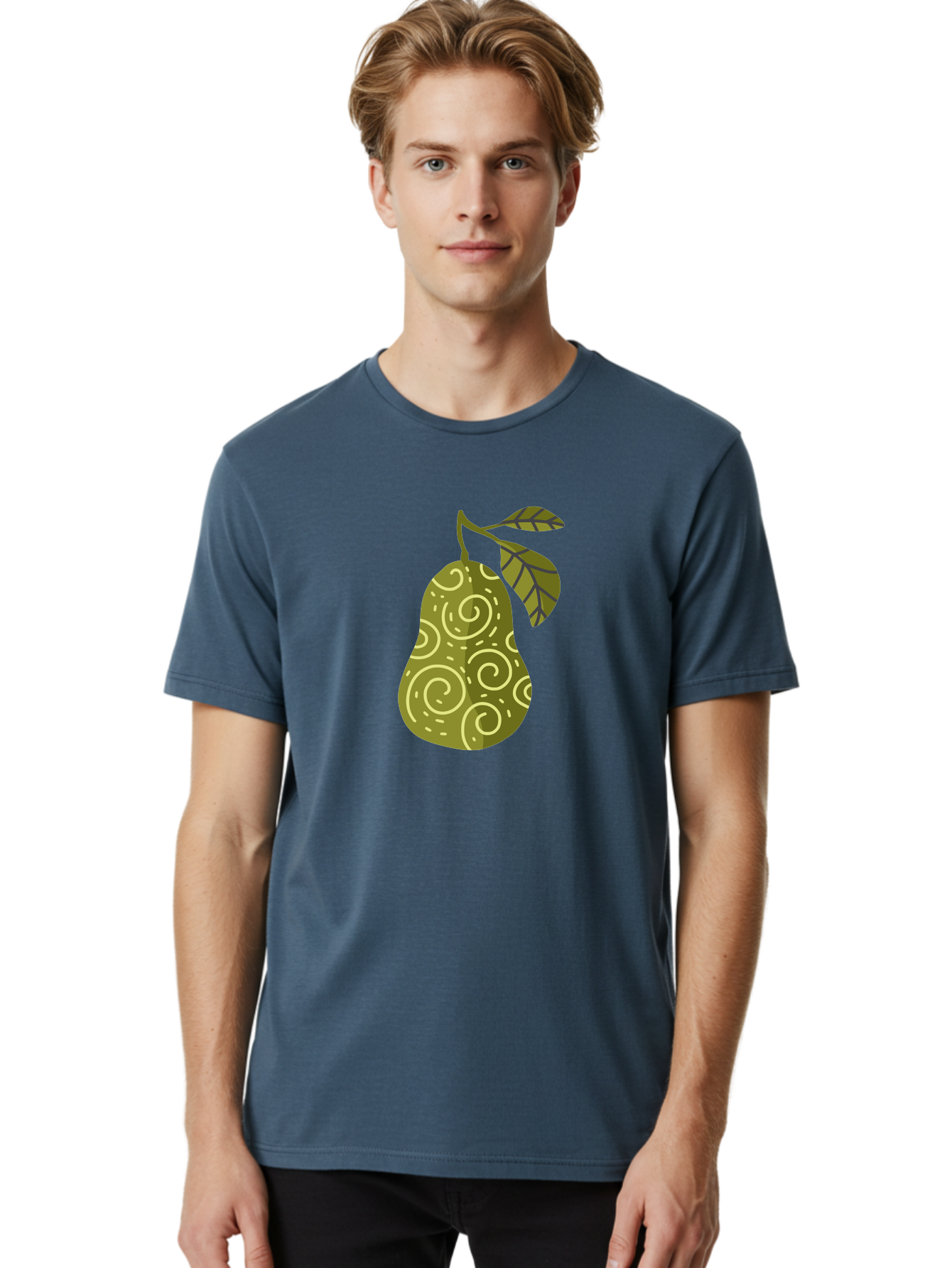 Pear-With-Leaves Men'S Graphic Tee, 100% Cotton, Comfortable Casual Summer Wear, Machine Washable, Pear Fruit, Swirly Patterns, Green Leaves, Fruit Icon, Food Illustration, Healthy Eating, Abstract Design, Stylized Pear Aad731 10