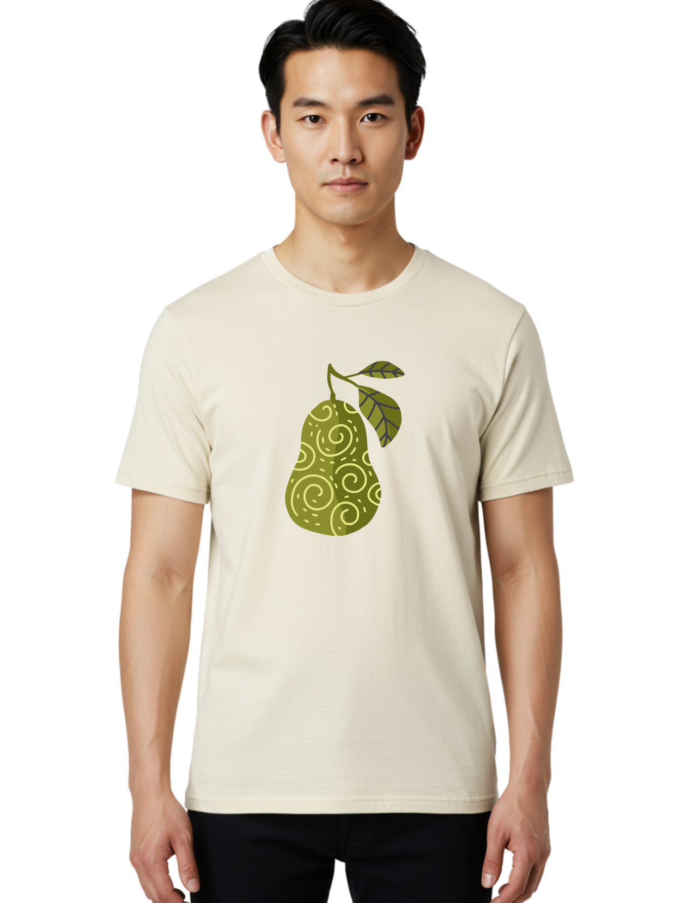 Pear-With-Leaves Men'S Graphic Tee, 100% Cotton, Comfortable Casual Summer Wear, Machine Washable, Pear Fruit, Swirly Patterns, Green Leaves, Fruit Icon, Food Illustration, Healthy Eating, Abstract Design, Stylized Pear Aad731 18