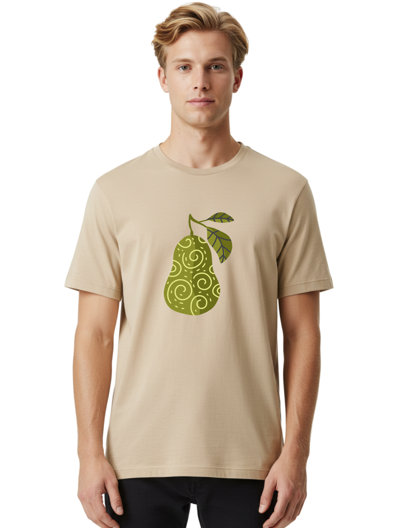 Pear-With-Leaves Men'S Graphic Tee, 100% Cotton, Comfortable Casual Summer Wear, Machine Washable, Pear Fruit, Swirly Patterns, Green Leaves, Fruit Icon, Food Illustration, Healthy Eating, Abstract Design, Stylized Pear Aad731 6