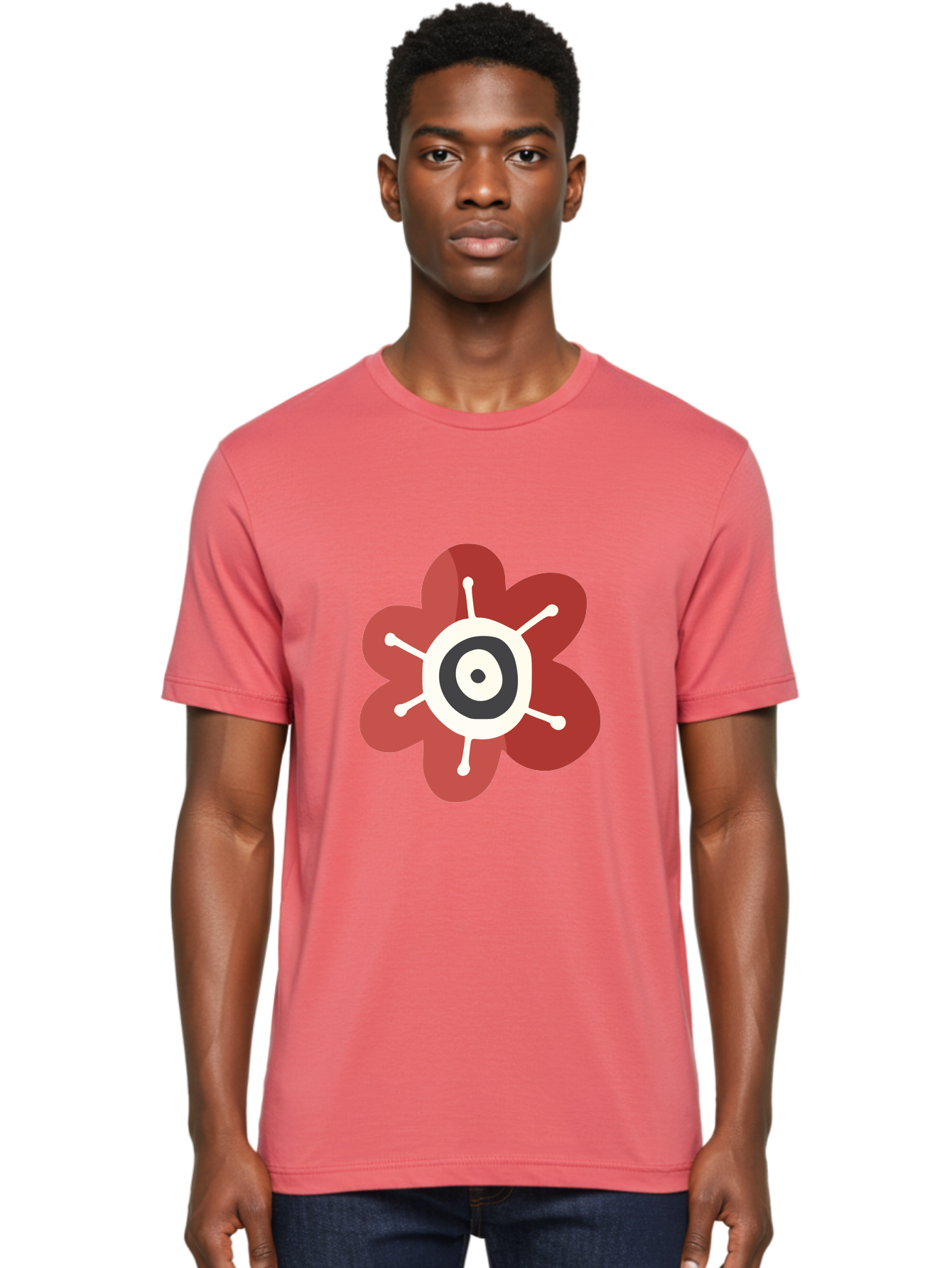 Red-Flower-1 Men'S Graphic Tee, 100% Cotton, Comfortable Casual Summer Wear, Machine Washable, Red Flower Illustration, Stylized Floral Design, Abstract Flower, Minimalist Art, White And Black Center, Bold Graphics, Modern Icon Aad742 6