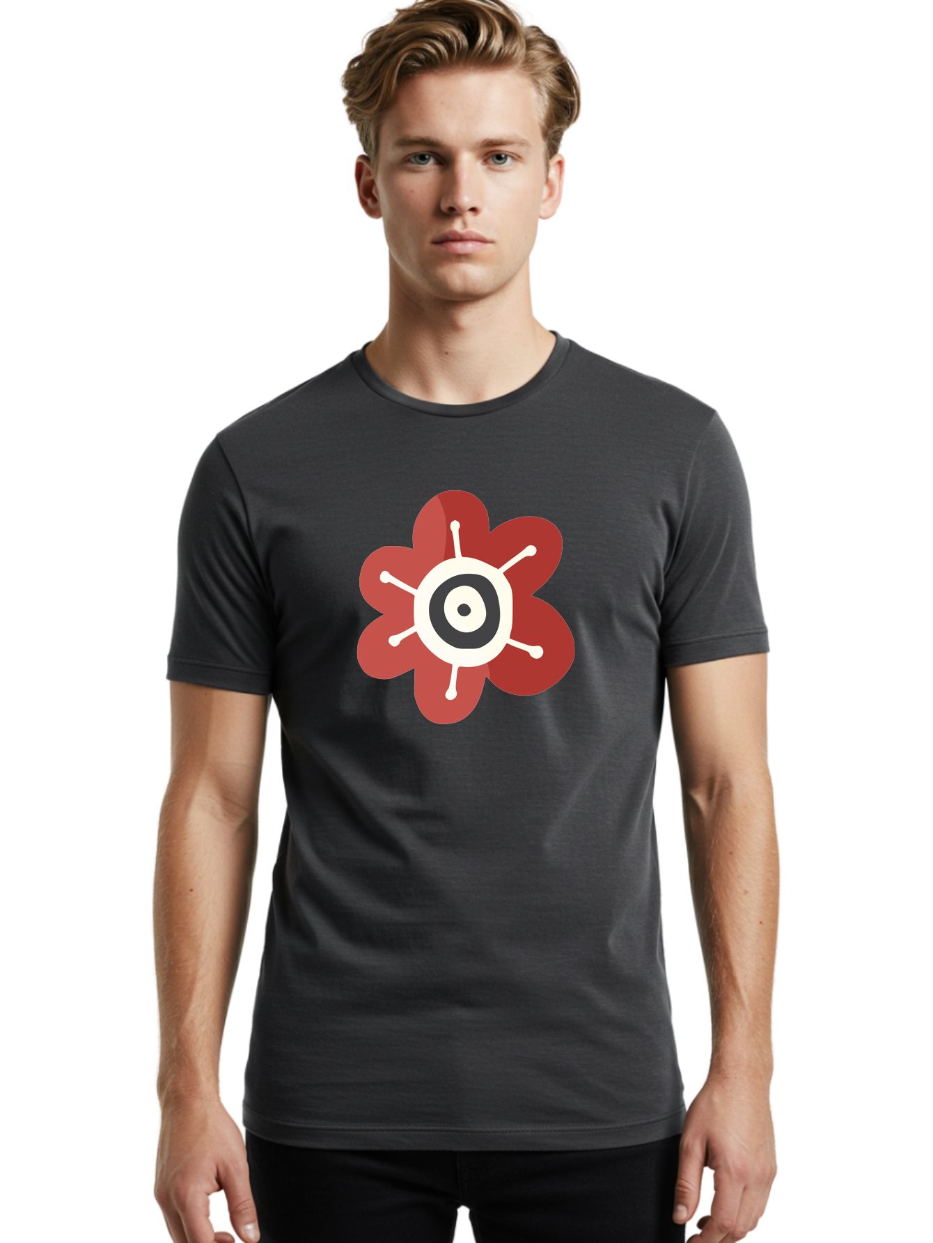 Red-Flower-1 Men'S Graphic Tee, 100% Cotton, Comfortable Casual Summer Wear, Machine Washable, Red Flower Illustration, Stylized Floral Design, Abstract Flower, Minimalist Art, White And Black Center, Bold Graphics, Modern Icon Aad742 28