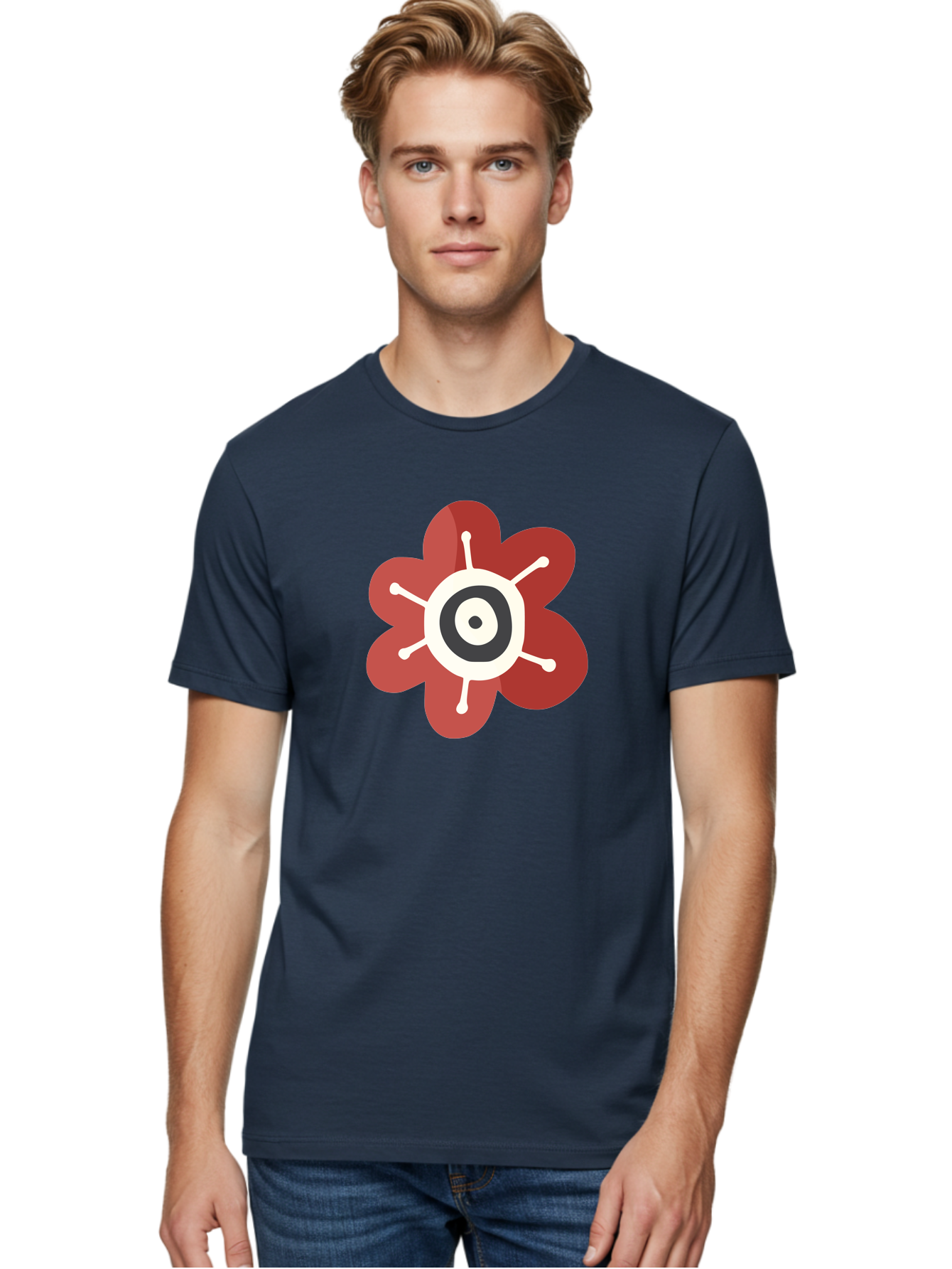 Red-Flower-1 Men'S Graphic Tee, 100% Cotton, Comfortable Casual Summer Wear, Machine Washable, Red Flower Illustration, Stylized Floral Design, Abstract Flower, Minimalist Art, White And Black Center, Bold Graphics, Modern Icon Aad742 12