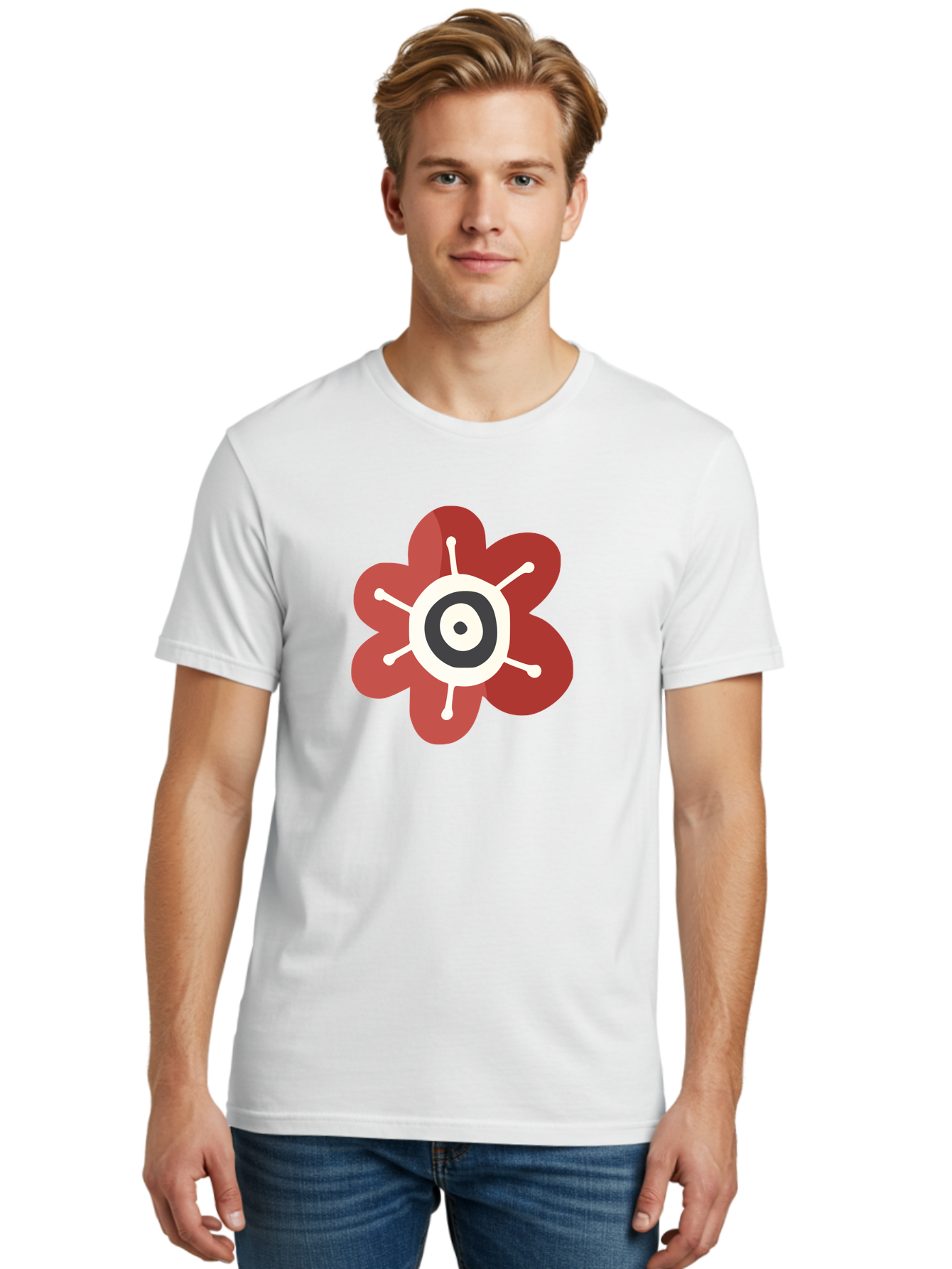 Red-Flower-1 Men'S Graphic Tee, 100% Cotton, Comfortable Casual Summer Wear, Machine Washable, Red Flower Illustration, Stylized Floral Design, Abstract Flower, Minimalist Art, White And Black Center, Bold Graphics, Modern Icon Aad742 4