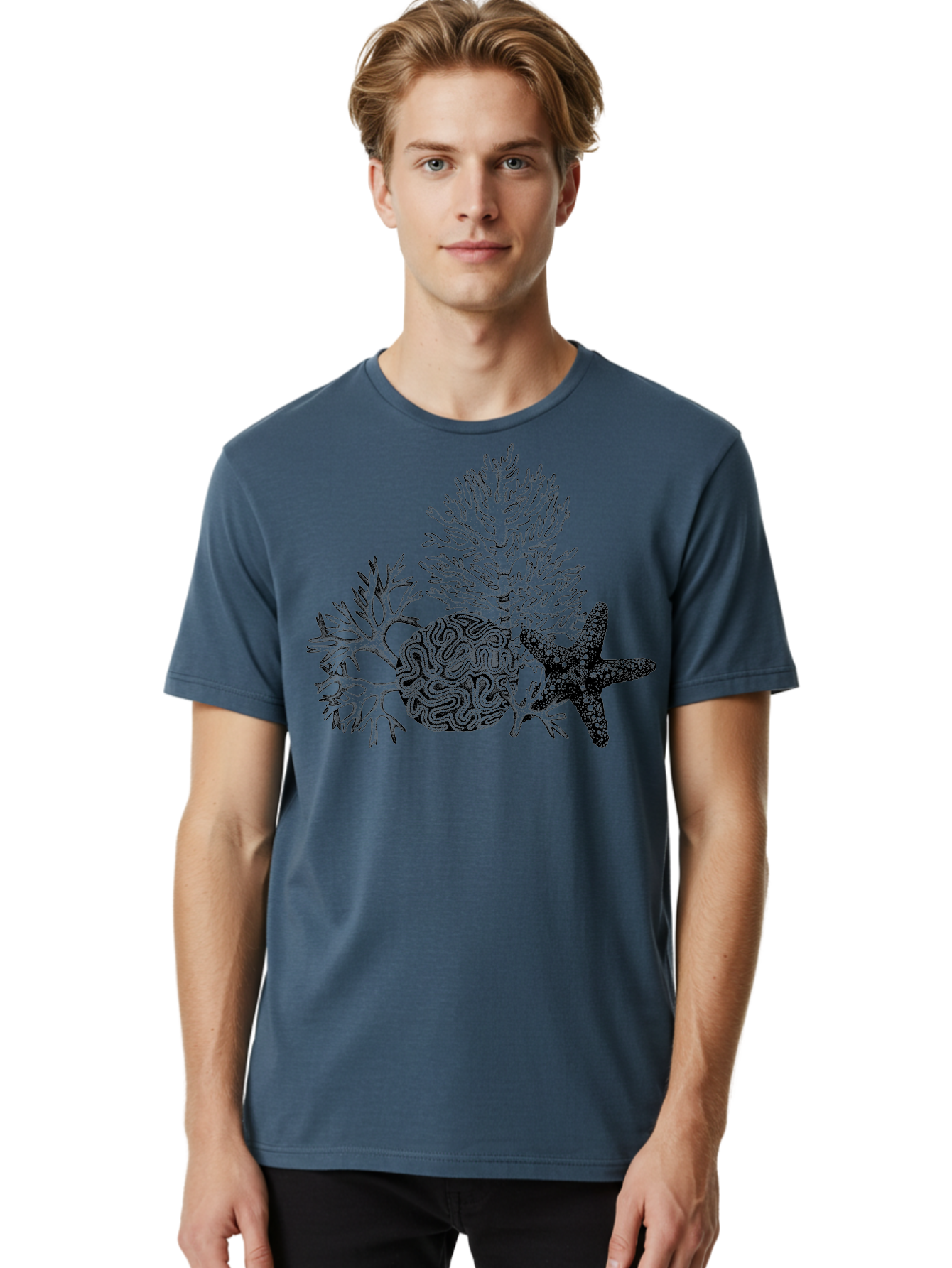 Sea-Turtle Men'S Graphic Tee, 100% Cotton, Comfortable Casual Summer Wear, Machine Washable, Brain Illustration, Coral Reef, Starfish, Ocean Life, Sea Creatures, Underwater World, Marine Biology, Neurological Art, Abstract Design, Aad751 20