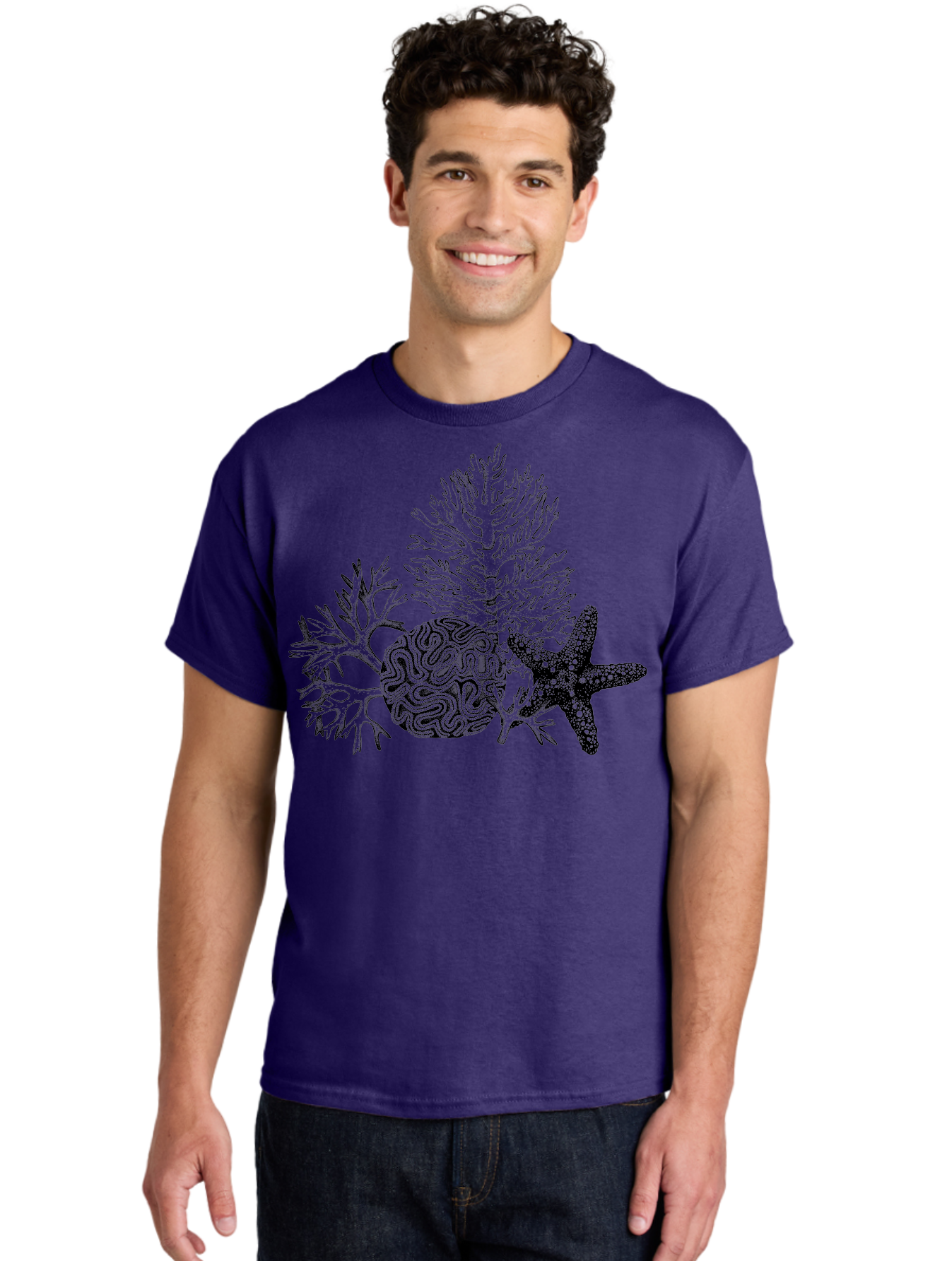 Sea-Turtle Men'S Graphic Tee, 100% Cotton, Comfortable Casual Summer Wear, Machine Washable, Brain Illustration, Coral Reef, Starfish, Ocean Life, Sea Creatures, Underwater World, Marine Biology, Neurological Art, Abstract Design, Aad751 24