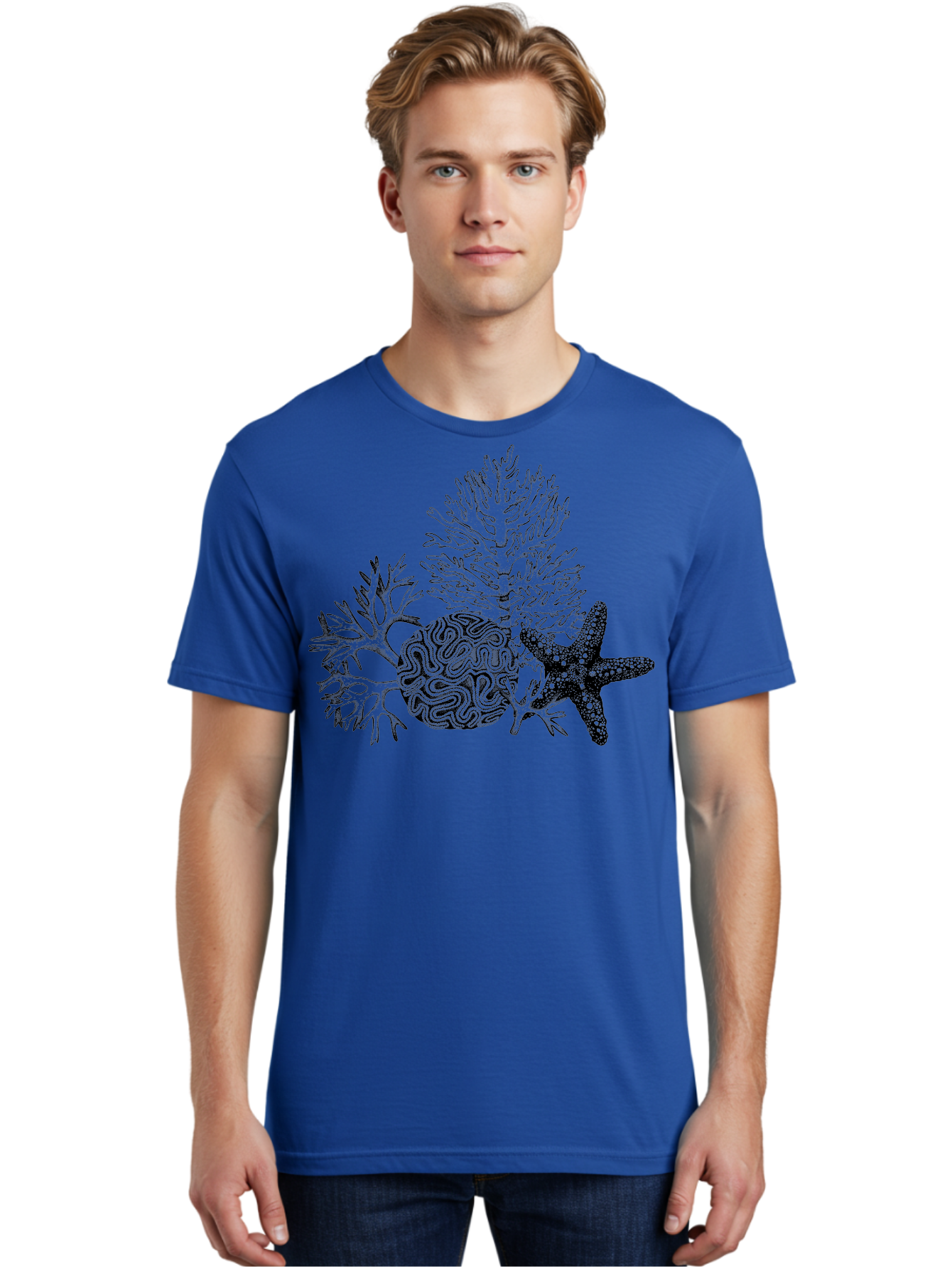 Sea-Turtle Men'S Graphic Tee, 100% Cotton, Comfortable Casual Summer Wear, Machine Washable, Brain Illustration, Coral Reef, Starfish, Ocean Life, Sea Creatures, Underwater World, Marine Biology, Neurological Art, Abstract Design, Aad751 6