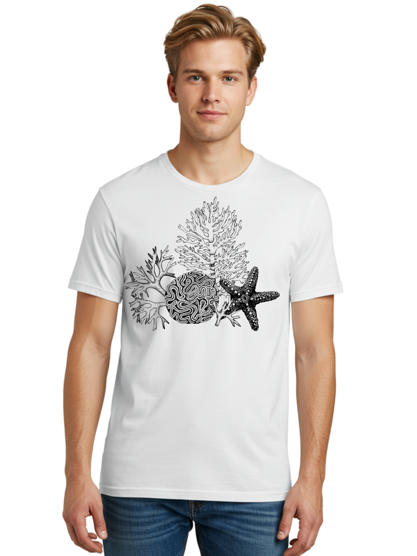 Sea-Turtle Men'S Graphic Tee, 100% Cotton, Comfortable Casual Summer Wear, Machine Washable, Brain Illustration, Coral Reef, Starfish, Ocean Life, Sea Creatures, Underwater World, Marine Biology, Neurological Art, Abstract Design, Aad751 4
