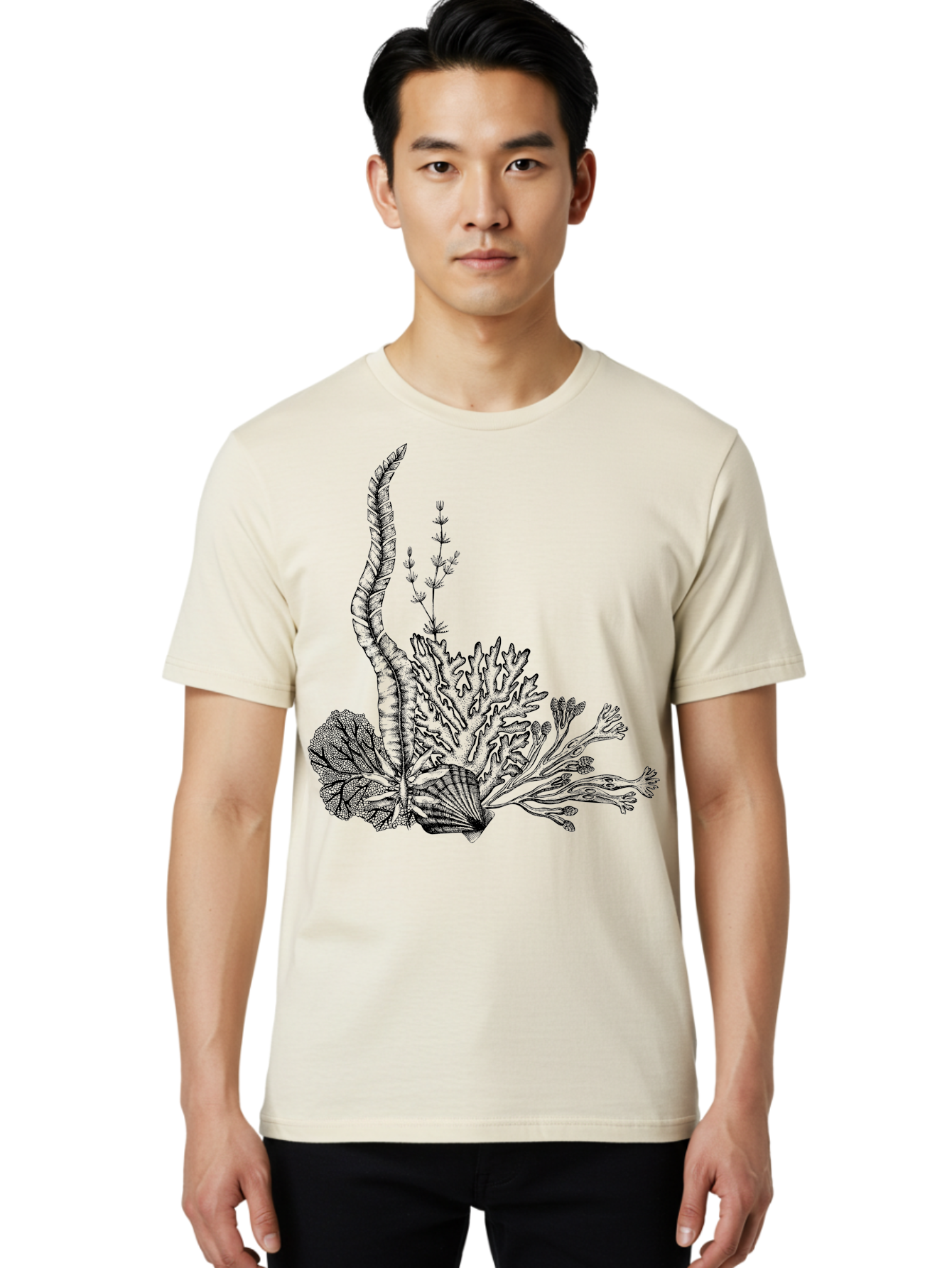 Seaweed-Illustration Men'S Graphic Tee, 100% Cotton, Comfortable Casual Summer Wear, Machine Washable, Detailed Seaweed, Oceanic Foliage, Black Ink Illustration, Floral Seaweed, Underwater Scenery, Marine Life, Botanical Art Aad753 10