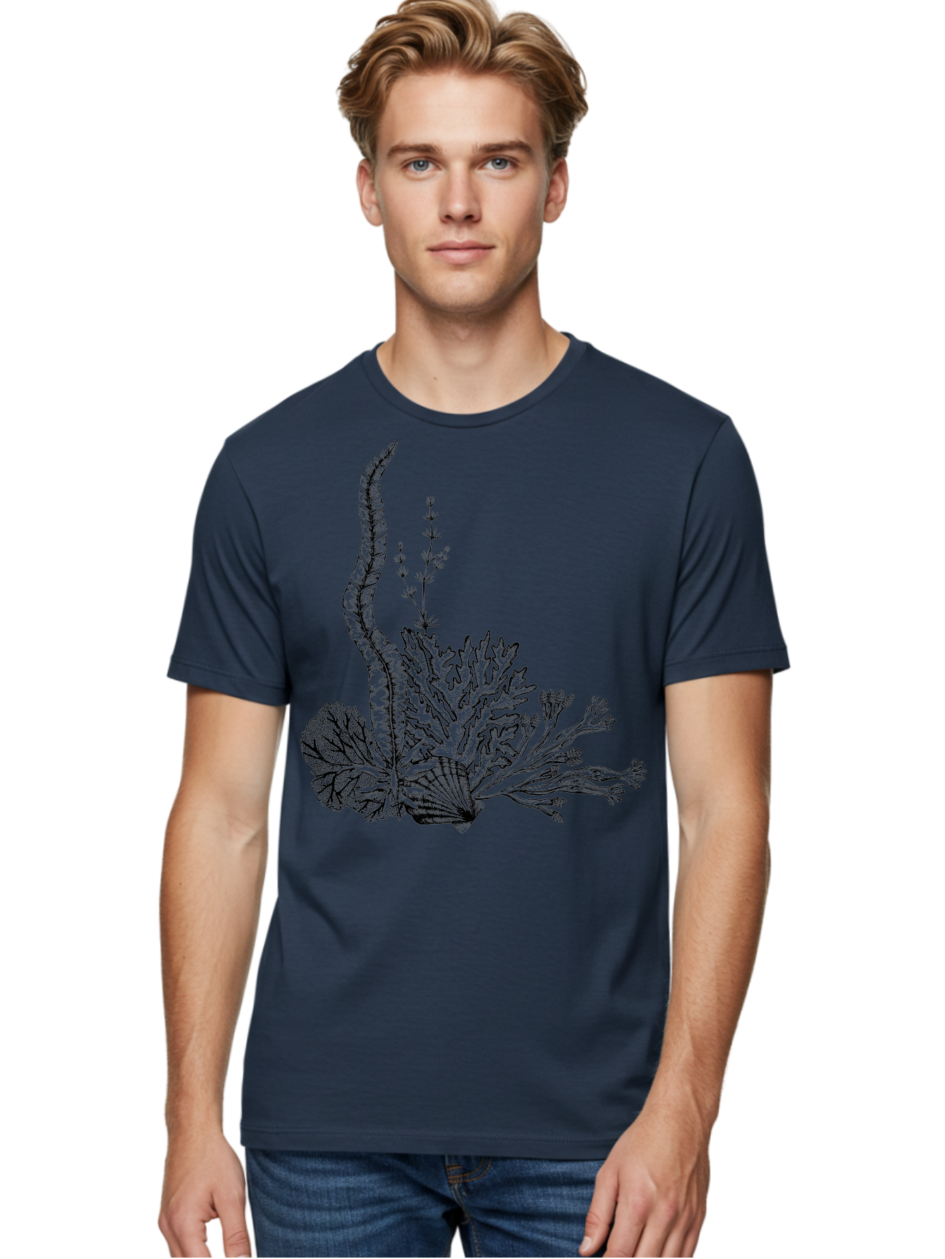 Seaweed-Illustration Men'S Graphic Tee, 100% Cotton, Comfortable Casual Summer Wear, Machine Washable, Detailed Seaweed, Oceanic Foliage, Black Ink Illustration, Floral Seaweed, Underwater Scenery, Marine Life, Botanical Art Aad753 28