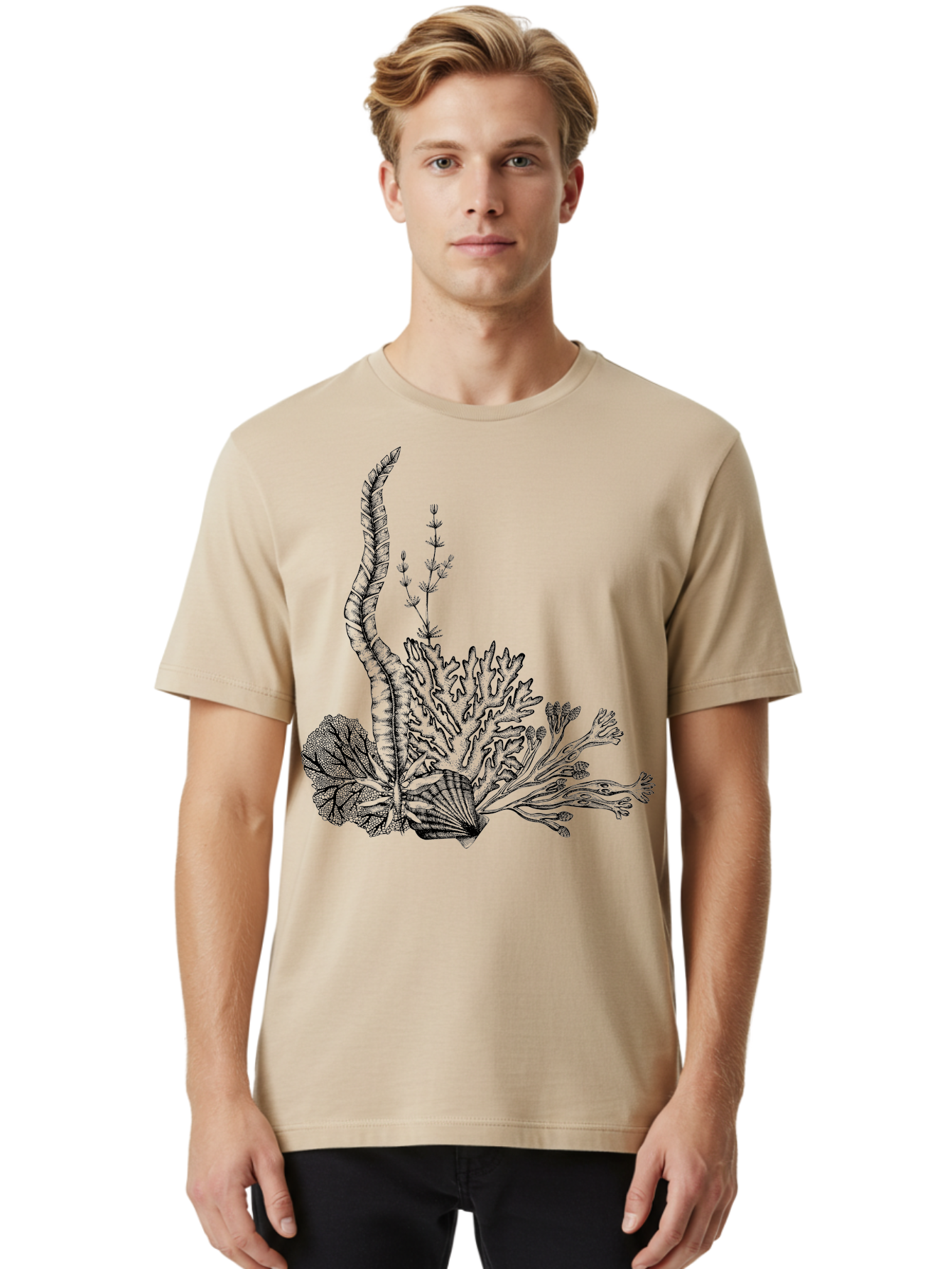 Seaweed-Illustration Men'S Graphic Tee, 100% Cotton, Comfortable Casual Summer Wear, Machine Washable, Detailed Seaweed, Oceanic Foliage, Black Ink Illustration, Floral Seaweed, Underwater Scenery, Marine Life, Botanical Art Aad753 20