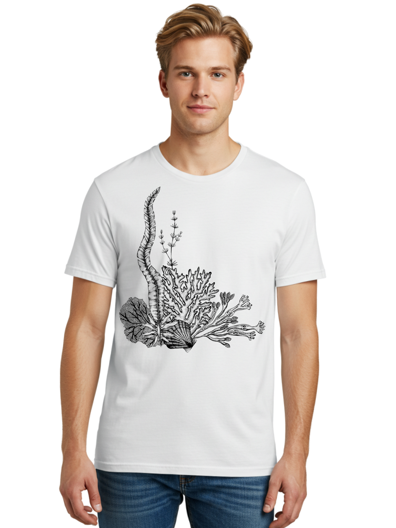 Seaweed-Illustration Men'S Graphic Tee, 100% Cotton, Comfortable Casual Summer Wear, Machine Washable, Detailed Seaweed, Oceanic Foliage, Black Ink Illustration, Floral Seaweed, Underwater Scenery, Marine Life, Botanical Art Aad753 8