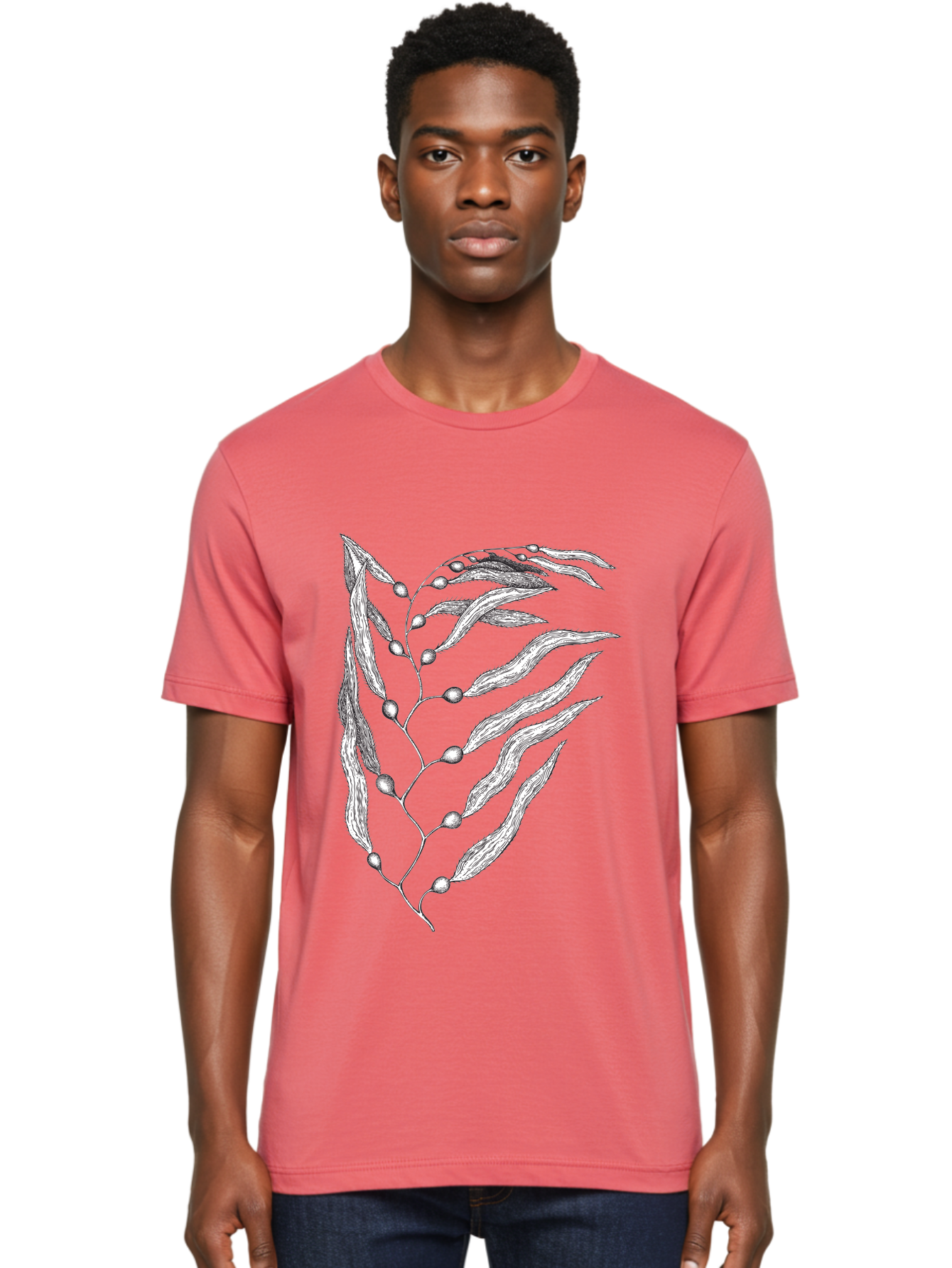 Seaweed Men'S Graphic Tee, 100% Cotton, Comfortable Casual Summer Wear, Machine Washable, Illustrated Branch With Leaves, Branch With Fruit, Foliage Illustration, Silver Leaves, Detailed Artwork, Botanical Illustration, Natural Elements, Aad754 16