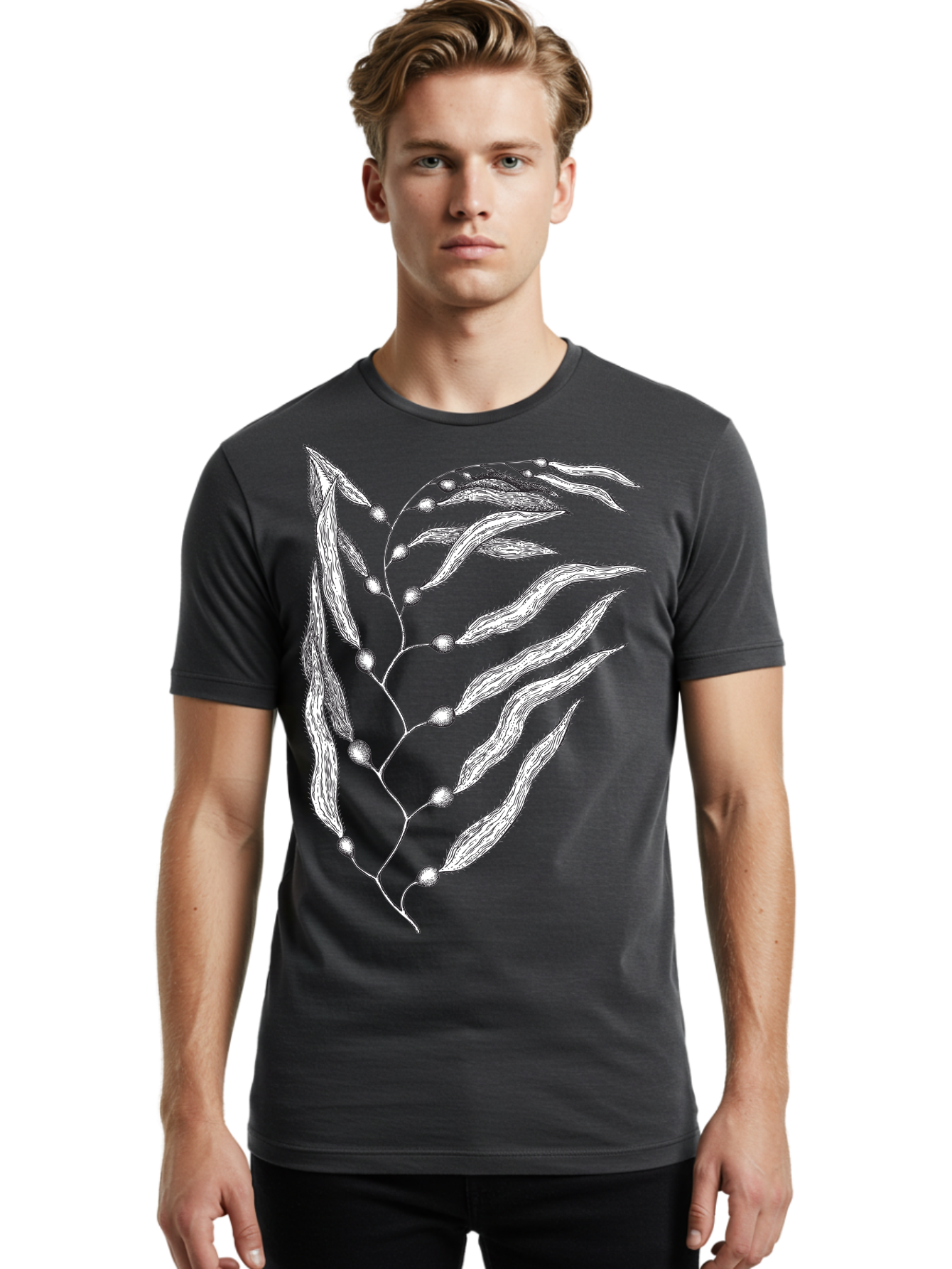 Seaweed Men'S Graphic Tee, 100% Cotton, Comfortable Casual Summer Wear, Machine Washable, Illustrated Branch With Leaves, Branch With Fruit, Foliage Illustration, Silver Leaves, Detailed Artwork, Botanical Illustration, Natural Elements, Aad754 8