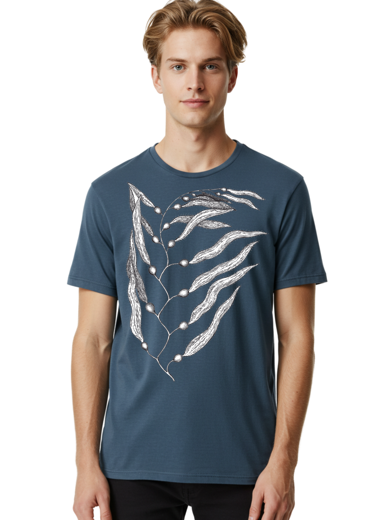 Seaweed Men'S Graphic Tee, 100% Cotton, Comfortable Casual Summer Wear, Machine Washable, Illustrated Branch With Leaves, Branch With Fruit, Foliage Illustration, Silver Leaves, Detailed Artwork, Botanical Illustration, Natural Elements, Aad754 12