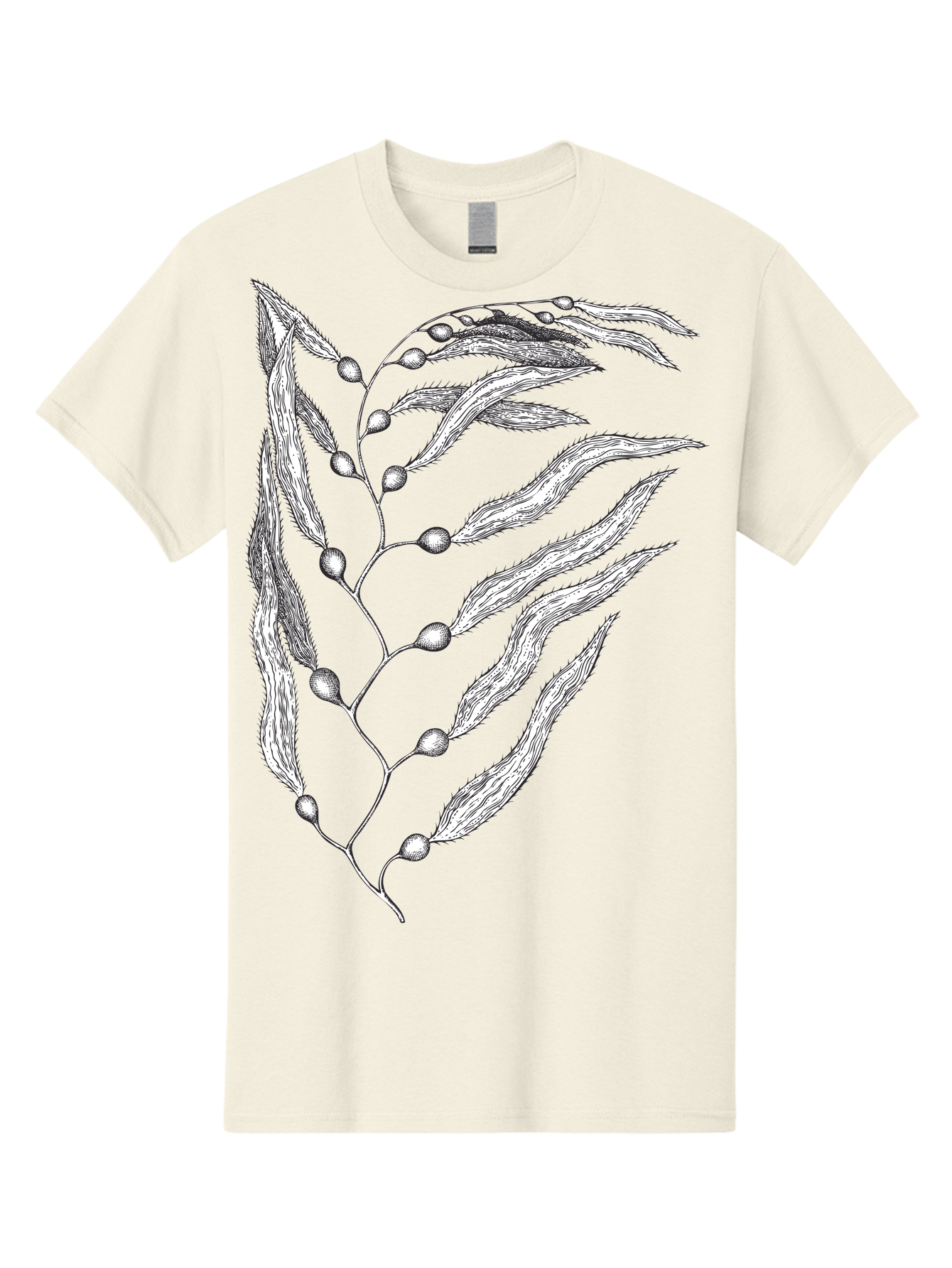 Seaweed Men'S Graphic Tee, 100% Cotton, Comfortable Casual Summer Wear, Machine Washable, Illustrated Branch With Leaves, Branch With Fruit, Foliage Illustration, Silver Leaves, Detailed Artwork, Botanical Illustration, Natural Elements, Aad754 25