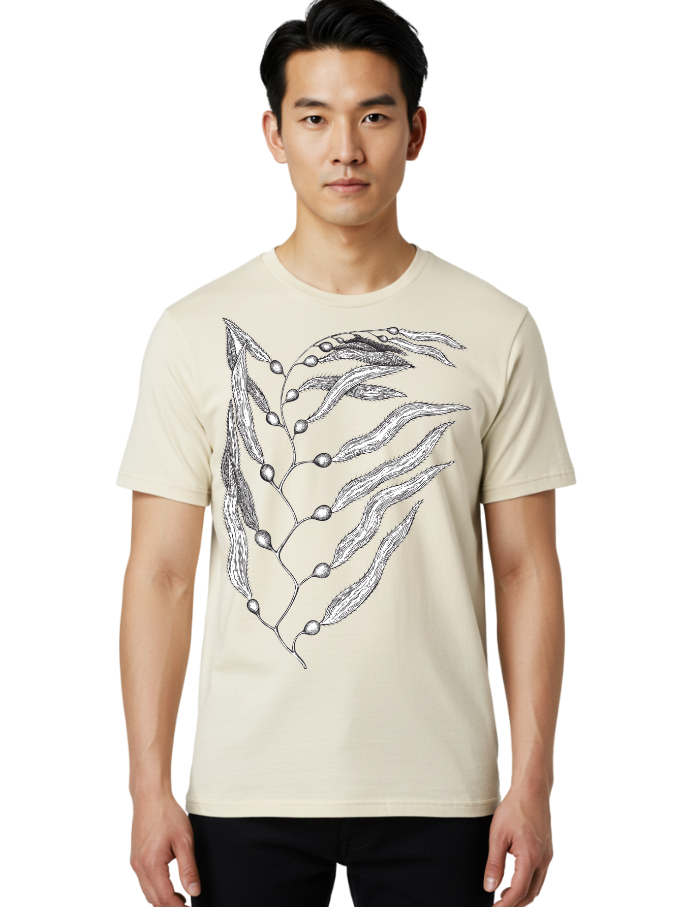 Seaweed Men'S Graphic Tee, 100% Cotton, Comfortable Casual Summer Wear, Machine Washable, Illustrated Branch With Leaves, Branch With Fruit, Foliage Illustration, Silver Leaves, Detailed Artwork, Botanical Illustration, Natural Elements, Aad754 26