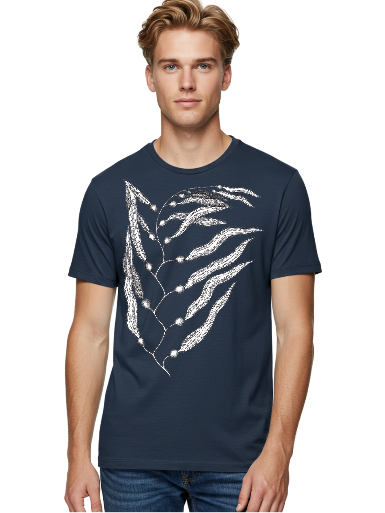 Seaweed Men'S Graphic Tee, 100% Cotton, Comfortable Casual Summer Wear, Machine Washable, Illustrated Branch With Leaves, Branch With Fruit, Foliage Illustration, Silver Leaves, Detailed Artwork, Botanical Illustration, Natural Elements, Aad754 4