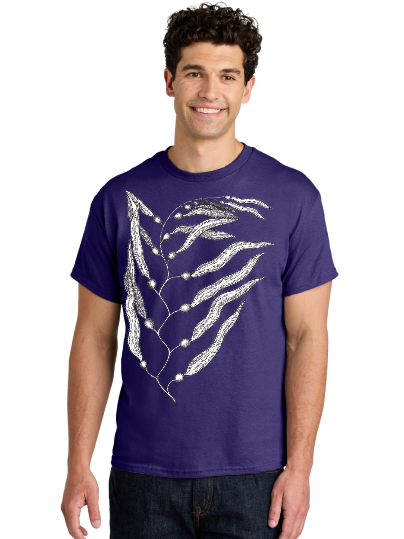 Seaweed Men'S Graphic Tee, 100% Cotton, Comfortable Casual Summer Wear, Machine Washable, Illustrated Branch With Leaves, Branch With Fruit, Foliage Illustration, Silver Leaves, Detailed Artwork, Botanical Illustration, Natural Elements, Aad754 30