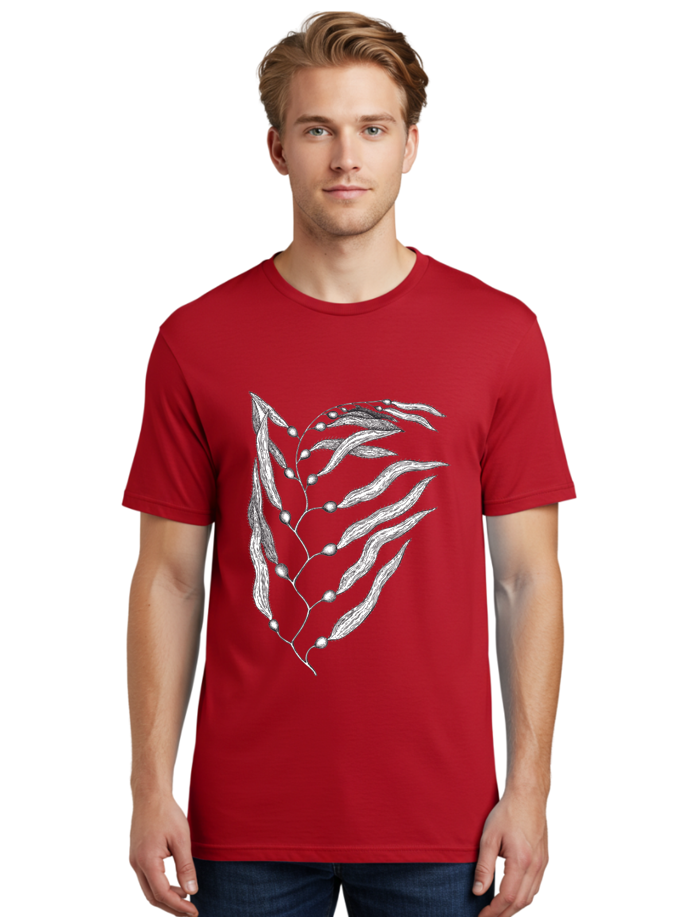 Seaweed Men'S Graphic Tee, 100% Cotton, Comfortable Casual Summer Wear, Machine Washable, Illustrated Branch With Leaves, Branch With Fruit, Foliage Illustration, Silver Leaves, Detailed Artwork, Botanical Illustration, Natural Elements, Aad754 18