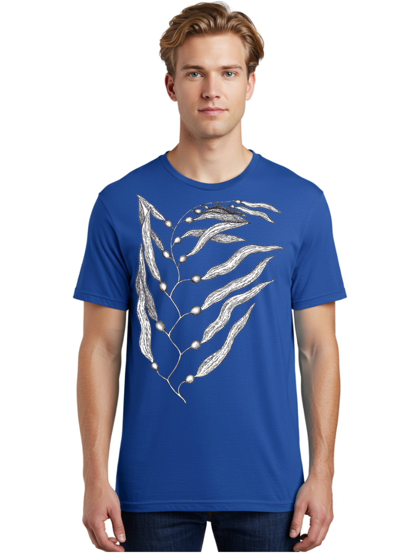 Seaweed Men'S Graphic Tee, 100% Cotton, Comfortable Casual Summer Wear, Machine Washable, Illustrated Branch With Leaves, Branch With Fruit, Foliage Illustration, Silver Leaves, Detailed Artwork, Botanical Illustration, Natural Elements, Aad754 20