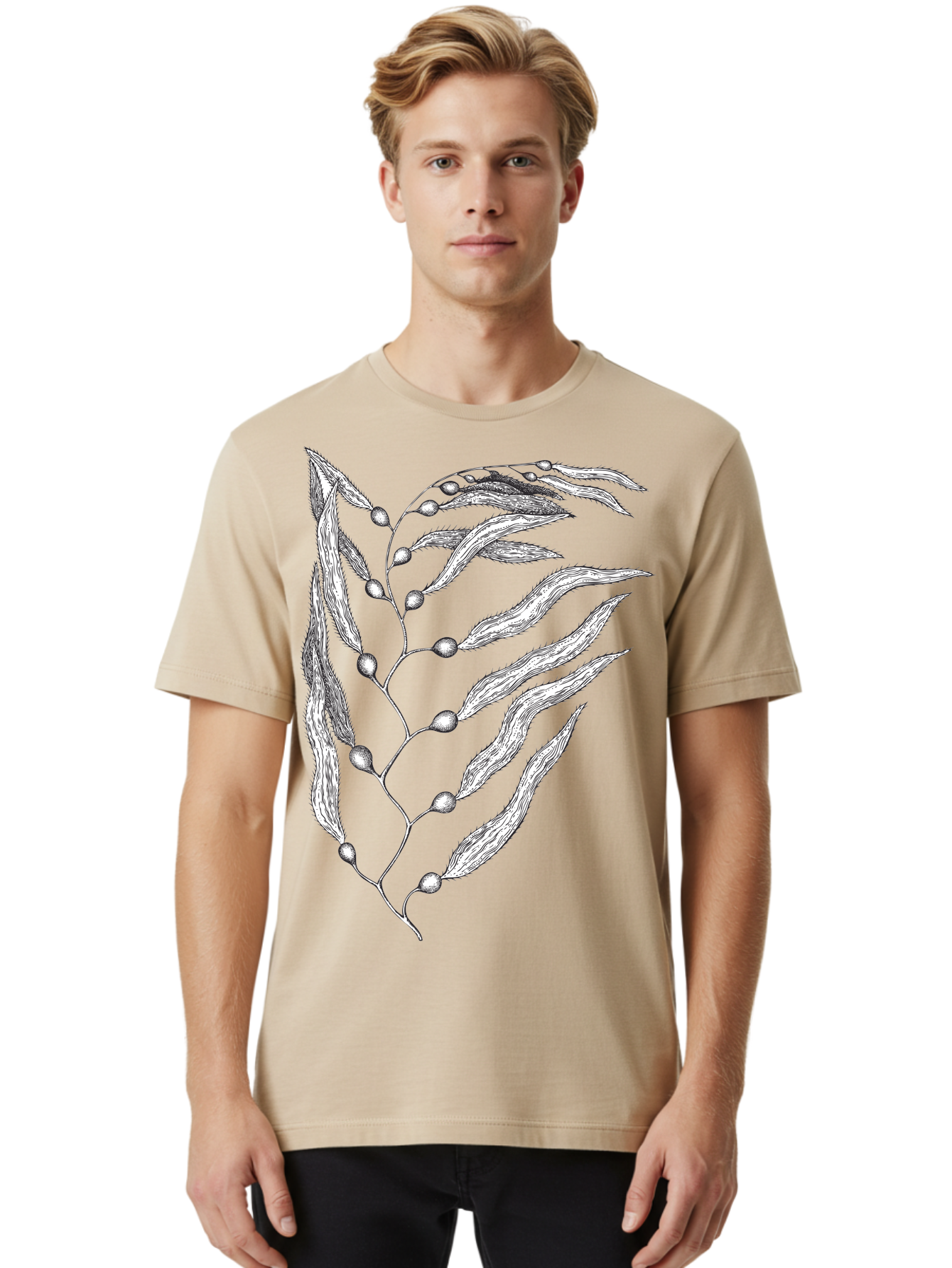Seaweed Men'S Graphic Tee, 100% Cotton, Comfortable Casual Summer Wear, Machine Washable, Illustrated Branch With Leaves, Branch With Fruit, Foliage Illustration, Silver Leaves, Detailed Artwork, Botanical Illustration, Natural Elements, Aad754 6