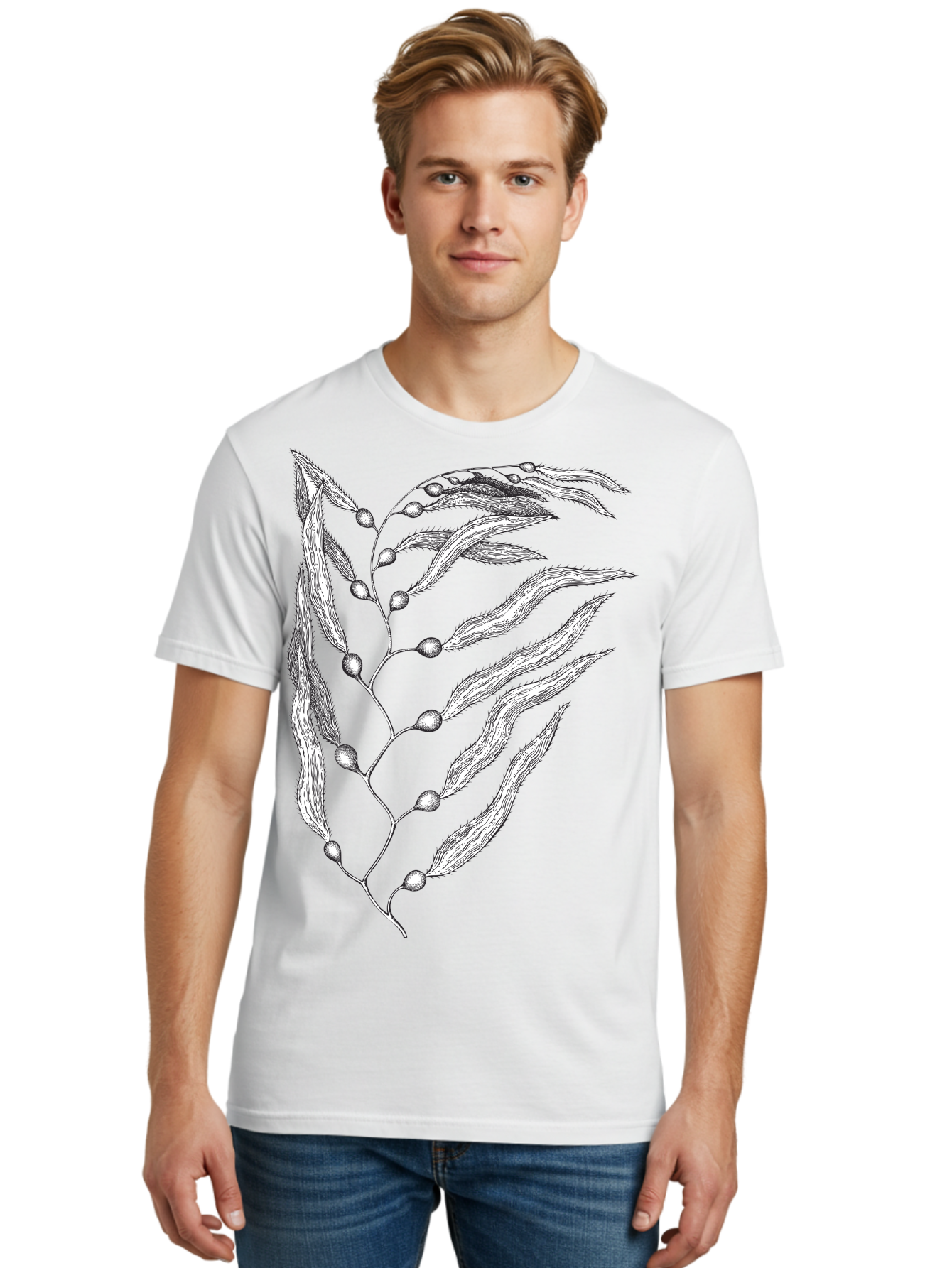 Seaweed Men'S Graphic Tee, 100% Cotton, Comfortable Casual Summer Wear, Machine Washable, Illustrated Branch With Leaves, Branch With Fruit, Foliage Illustration, Silver Leaves, Detailed Artwork, Botanical Illustration, Natural Elements, Aad754 24