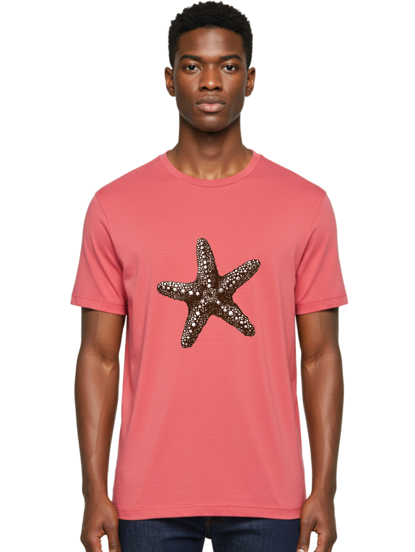 Starfish Men'S Graphic Tee, 100% Cotton, Comfortable Casual Summer Wear, Machine Washable, Starfish, Marine Life, Ocean Creatures, Sea Stars, Underwater World, Brown Starfish, White Spots, Starfish Texture, Five-Armed Starfish Aad762 4