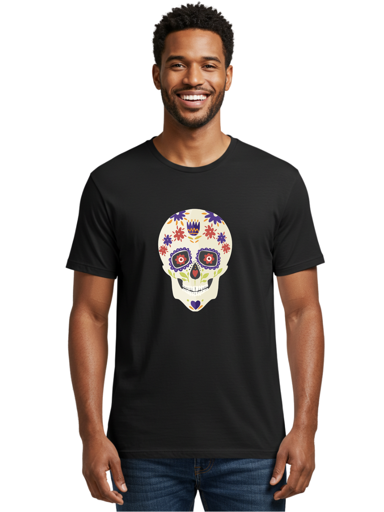 Sugar-Skull Men'S Graphic Tee, 100% Cotton, Comfortable Casual Summer Wear, Machine Washable, Sugar Skull, Day Of The Dead, Floral Design, Colorful Decorations, Vibrant Flowers, Festive Illustration, Traditional Mexican Art, Aad764 30