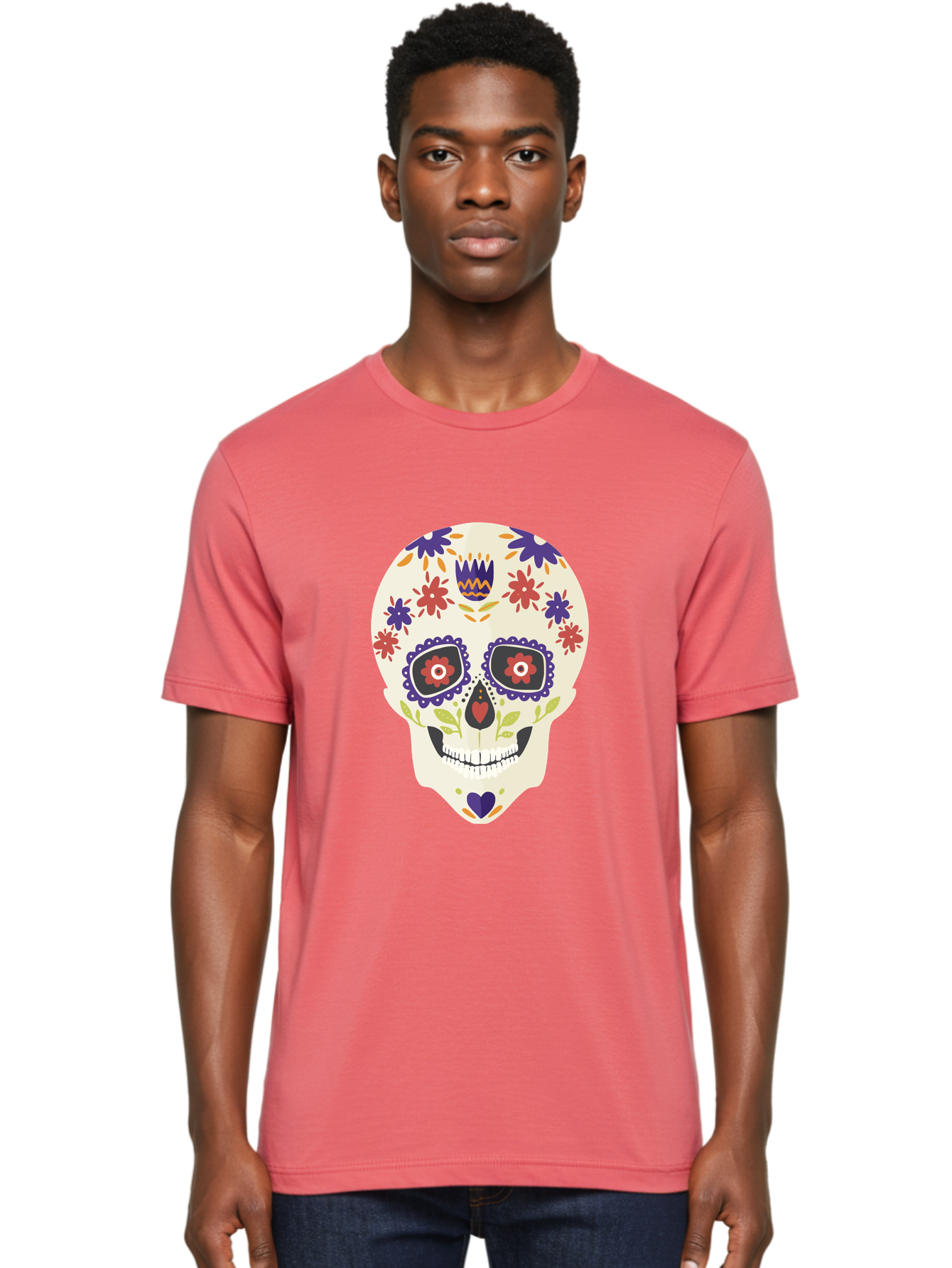 Sugar-Skull Men'S Graphic Tee, 100% Cotton, Comfortable Casual Summer Wear, Machine Washable, Sugar Skull, Day Of The Dead, Floral Design, Colorful Decorations, Vibrant Flowers, Festive Illustration, Traditional Mexican Art, Aad764 4
