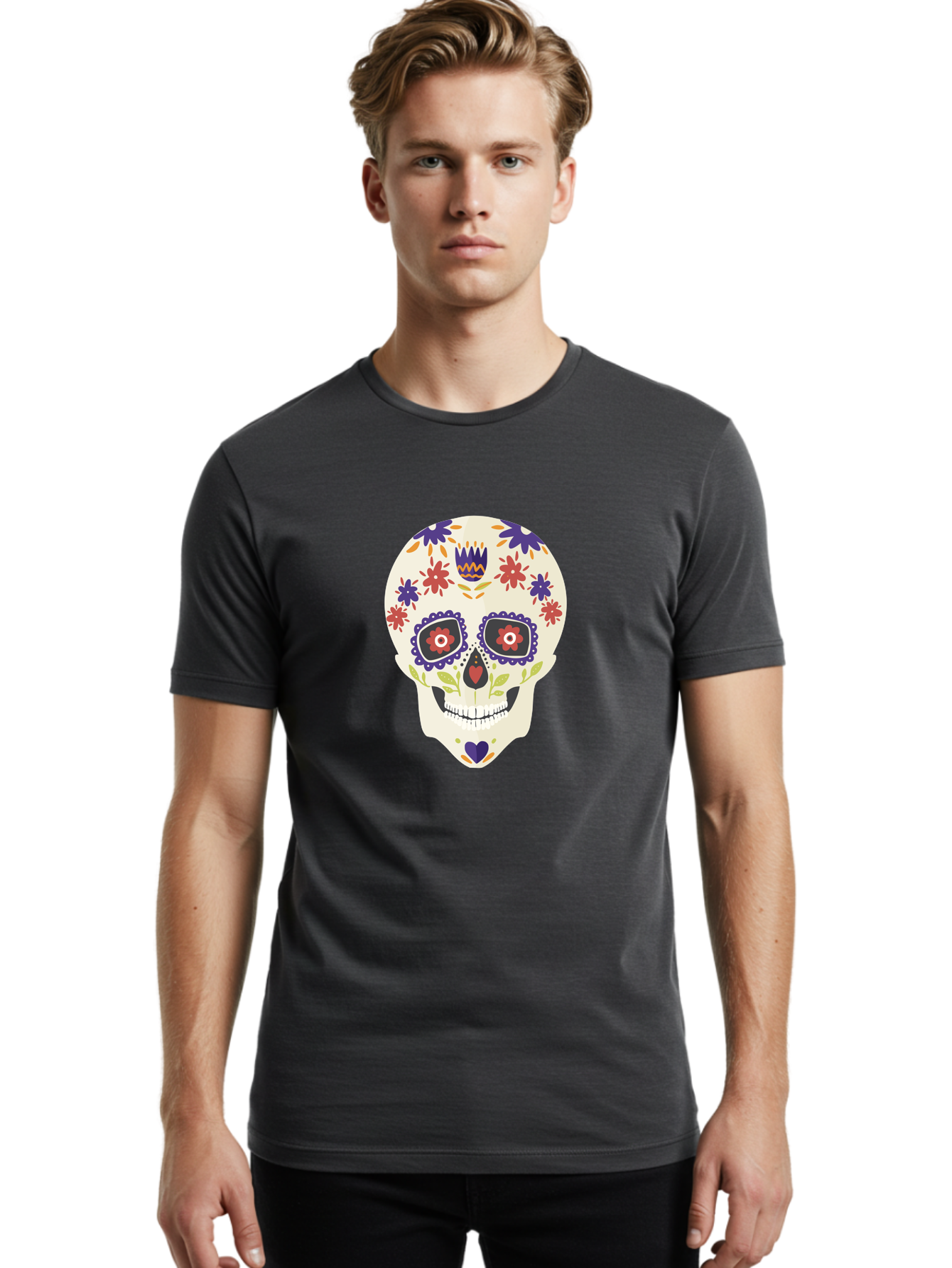 Sugar-Skull Men'S Graphic Tee, 100% Cotton, Comfortable Casual Summer Wear, Machine Washable, Sugar Skull, Day Of The Dead, Floral Design, Colorful Decorations, Vibrant Flowers, Festive Illustration, Traditional Mexican Art, Aad764 26