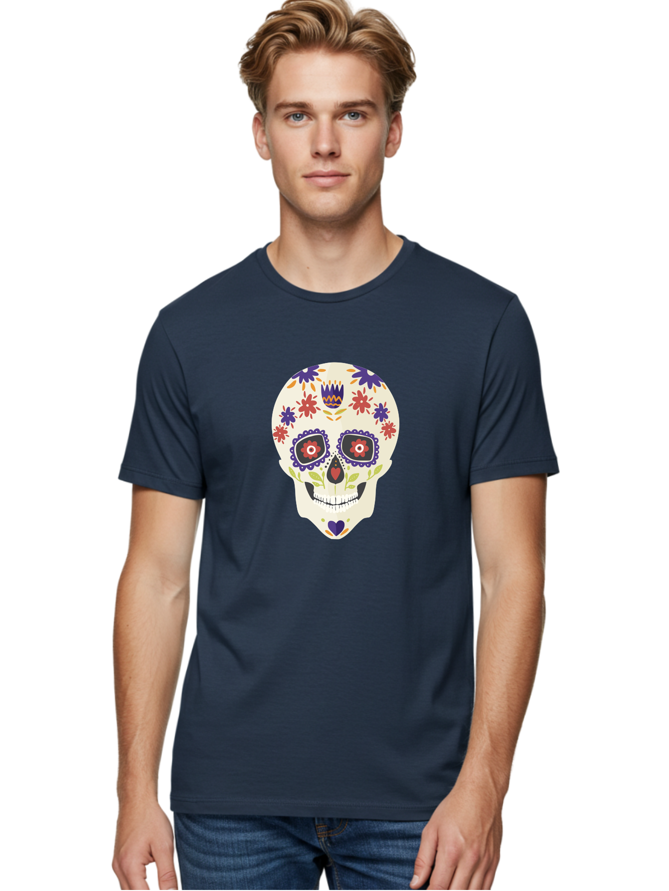 Sugar-Skull Men'S Graphic Tee, 100% Cotton, Comfortable Casual Summer Wear, Machine Washable, Sugar Skull, Day Of The Dead, Floral Design, Colorful Decorations, Vibrant Flowers, Festive Illustration, Traditional Mexican Art, Aad764 16