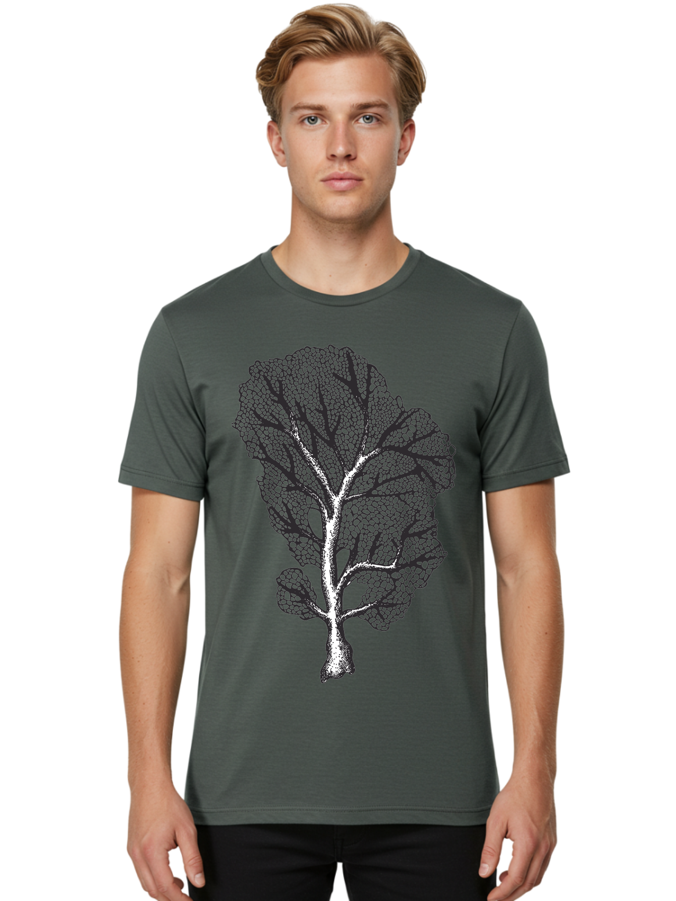 Tree Men'S Graphic Tee, 100% Cotton, Comfortable Casual Summer Wear, Machine Washable, Stylized Tree, Black And White Illustration, Leafy Branches, Detailed Foliage, Graphic Design Element, Artistic Tree, Natural Motif, Sketch Art Aad769 6