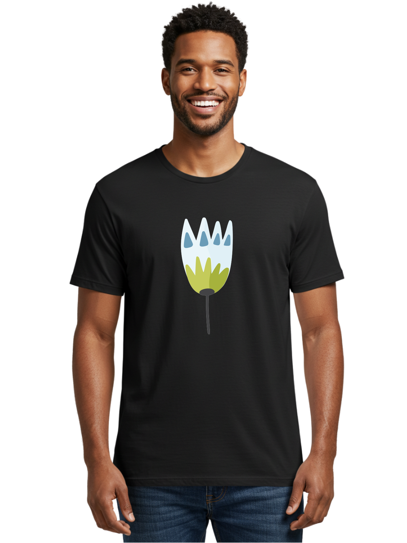 Tulip Men'S Graphic Tee, 100% Cotton, Comfortable Casual Summer Wear, Machine Washable, Stylized Tulip, White Petals, Yellow Center, Blue Teardrop Shapes, Simple Illustration, Spring Flower, Minimalist Design, Floral Graphic Aad770 28