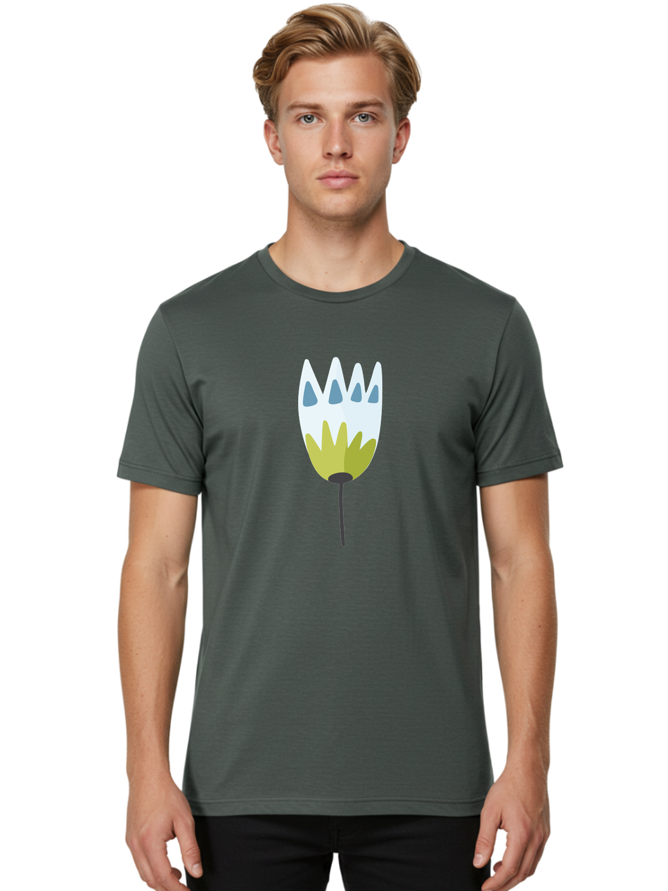 Tulip Men'S Graphic Tee, 100% Cotton, Comfortable Casual Summer Wear, Machine Washable, Stylized Tulip, White Petals, Yellow Center, Blue Teardrop Shapes, Simple Illustration, Spring Flower, Minimalist Design, Floral Graphic Aad770 10