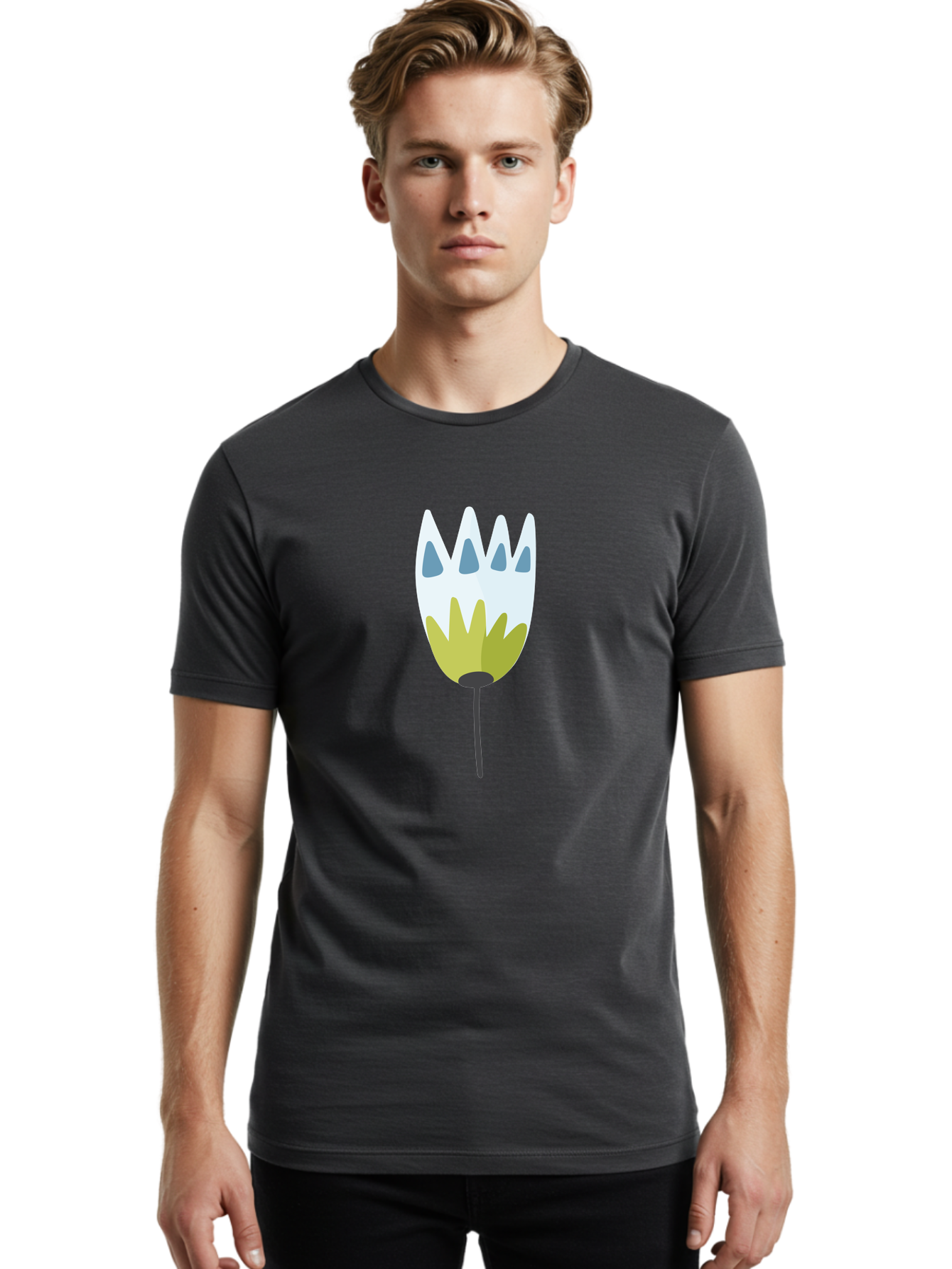 Tulip Men'S Graphic Tee, 100% Cotton, Comfortable Casual Summer Wear, Machine Washable, Stylized Tulip, White Petals, Yellow Center, Blue Teardrop Shapes, Simple Illustration, Spring Flower, Minimalist Design, Floral Graphic Aad770 14