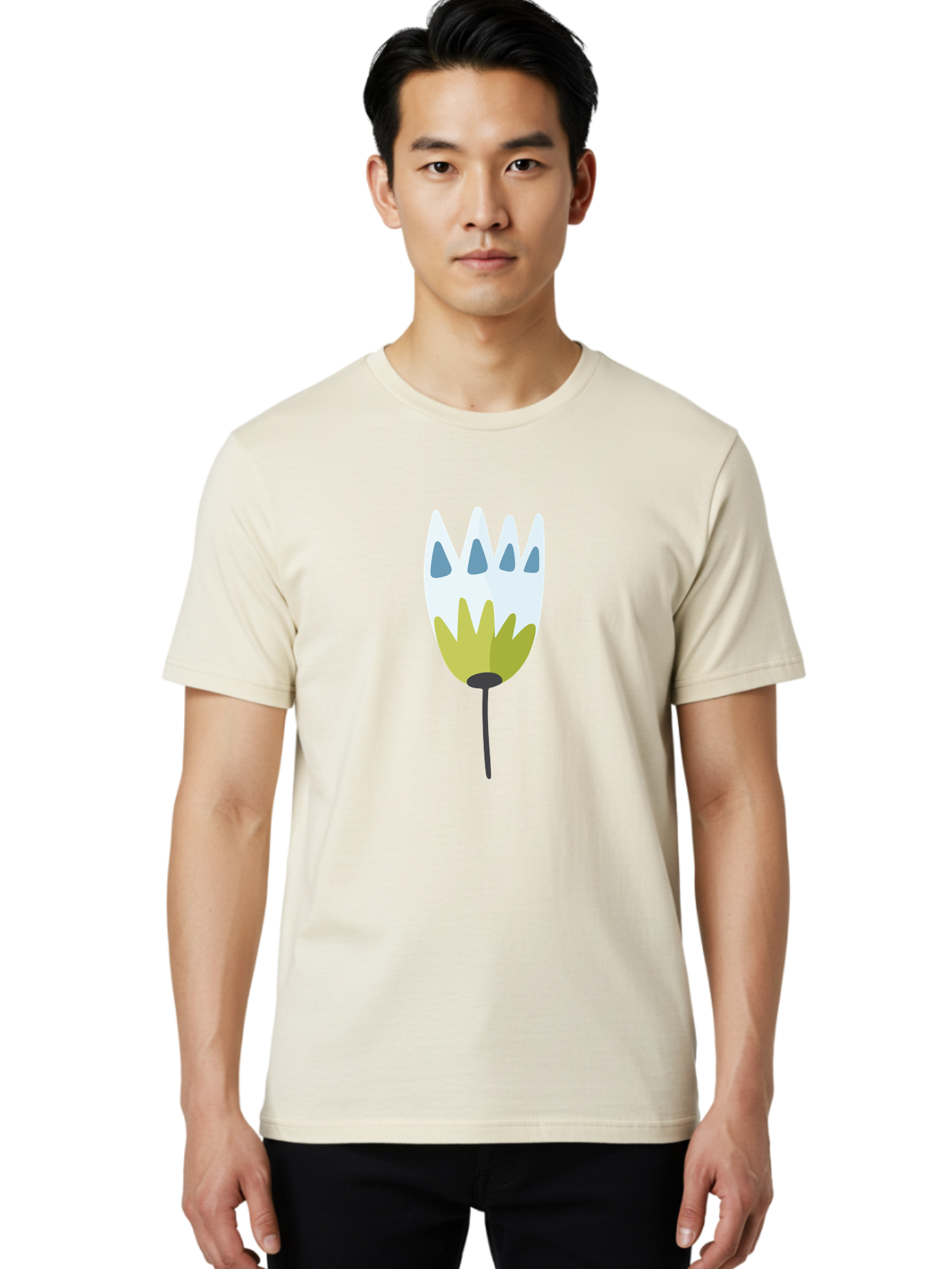 Tulip Men'S Graphic Tee, 100% Cotton, Comfortable Casual Summer Wear, Machine Washable, Stylized Tulip, White Petals, Yellow Center, Blue Teardrop Shapes, Simple Illustration, Spring Flower, Minimalist Design, Floral Graphic Aad770 18