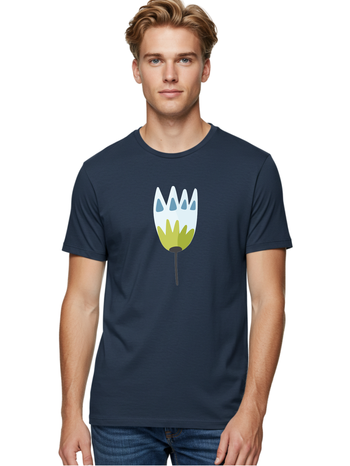 Tulip Men'S Graphic Tee, 100% Cotton, Comfortable Casual Summer Wear, Machine Washable, Stylized Tulip, White Petals, Yellow Center, Blue Teardrop Shapes, Simple Illustration, Spring Flower, Minimalist Design, Floral Graphic Aad770 30