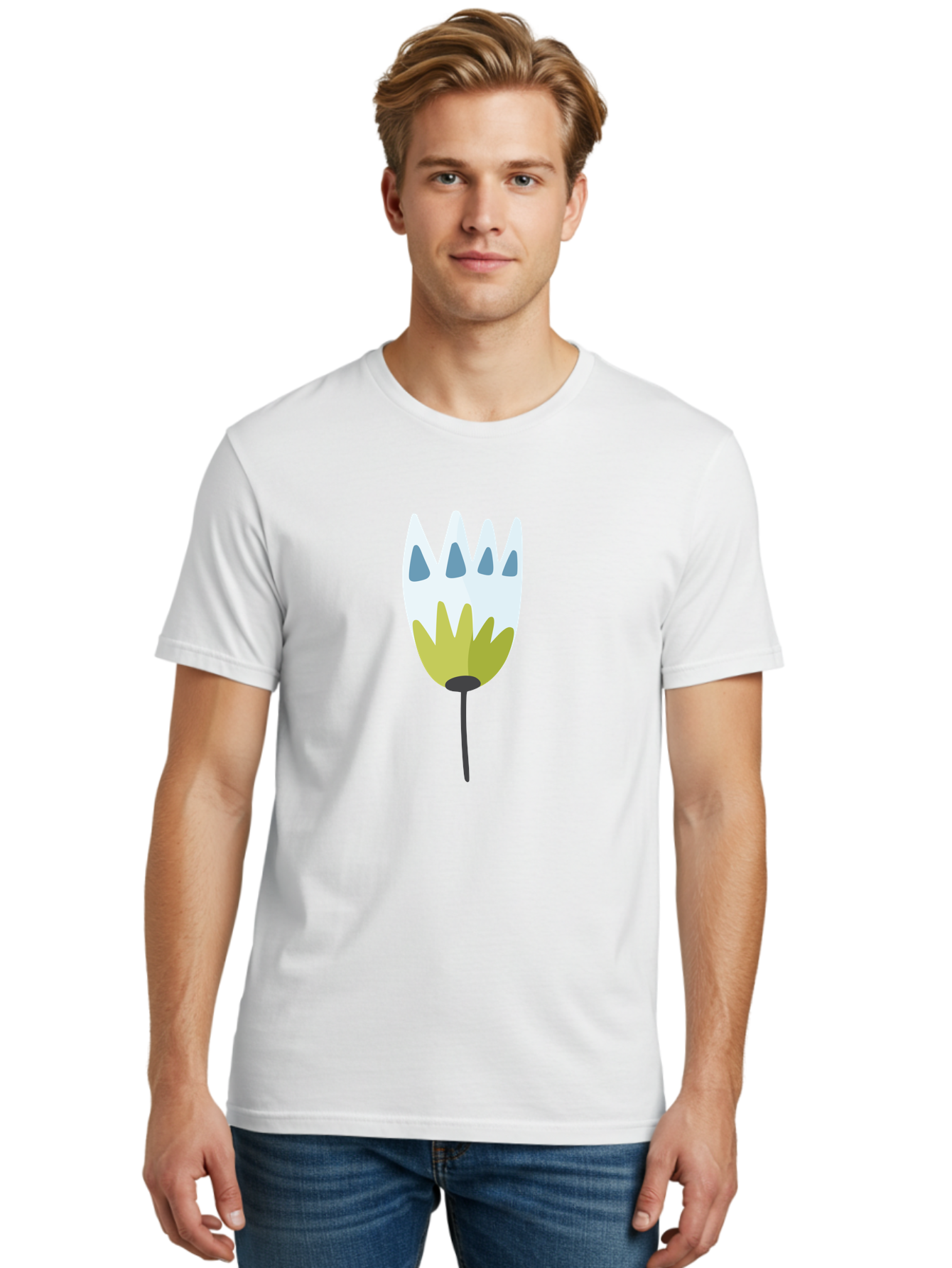 Tulip Men'S Graphic Tee, 100% Cotton, Comfortable Casual Summer Wear, Machine Washable, Stylized Tulip, White Petals, Yellow Center, Blue Teardrop Shapes, Simple Illustration, Spring Flower, Minimalist Design, Floral Graphic Aad770 12