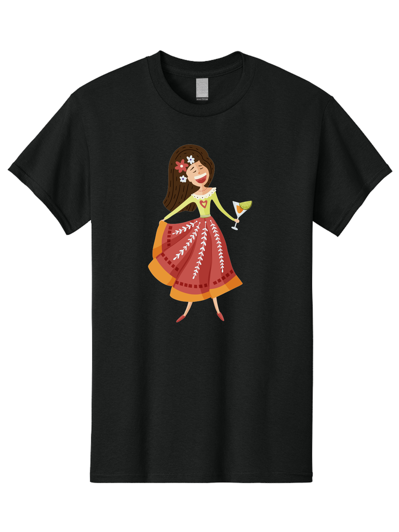 Woman-With-Cocktail Men'S Graphic Tee, 100% Cotton, Comfortable Casual Summer Wear, Machine Washable, Happy Woman, Cocktail Glass, Festive Atmosphere, Colorful Dress, Flowers In Hair, Celebratory Drink, Joyful Expression, Elegant Pose Aad773 19