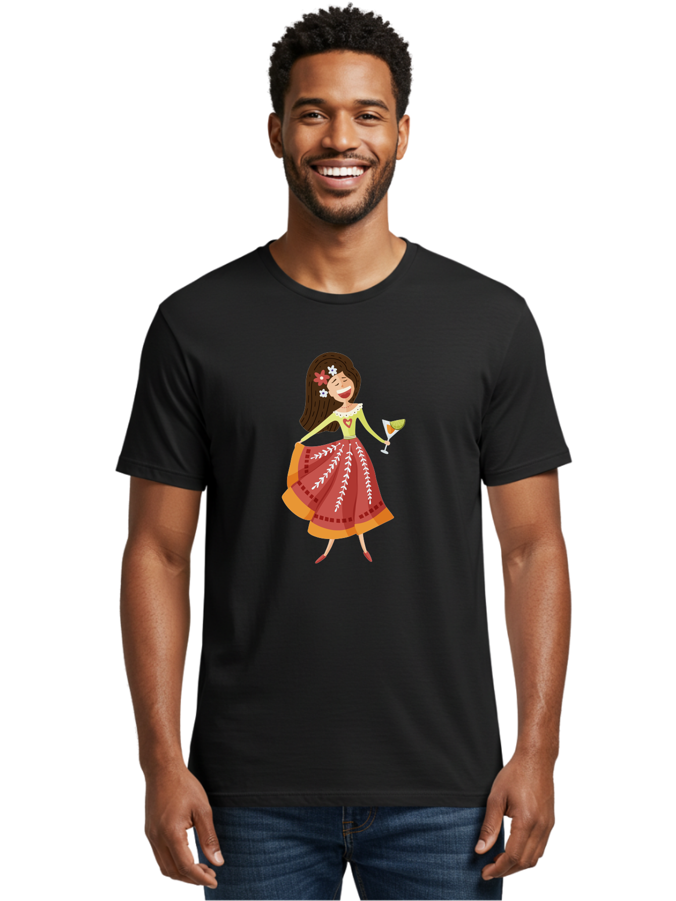 Woman-With-Cocktail Men'S Graphic Tee, 100% Cotton, Comfortable Casual Summer Wear, Machine Washable, Happy Woman, Cocktail Glass, Festive Atmosphere, Colorful Dress, Flowers In Hair, Celebratory Drink, Joyful Expression, Elegant Pose Aad773 20