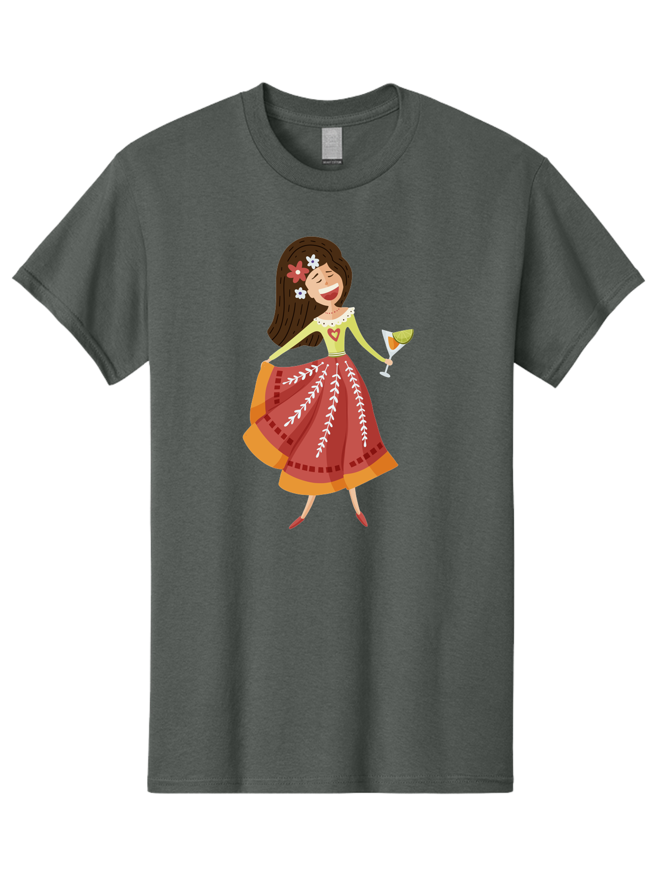 Woman-With-Cocktail Men'S Graphic Tee, 100% Cotton, Comfortable Casual Summer Wear, Machine Washable, Happy Woman, Cocktail Glass, Festive Atmosphere, Colorful Dress, Flowers In Hair, Celebratory Drink, Joyful Expression, Elegant Pose Aad773 3