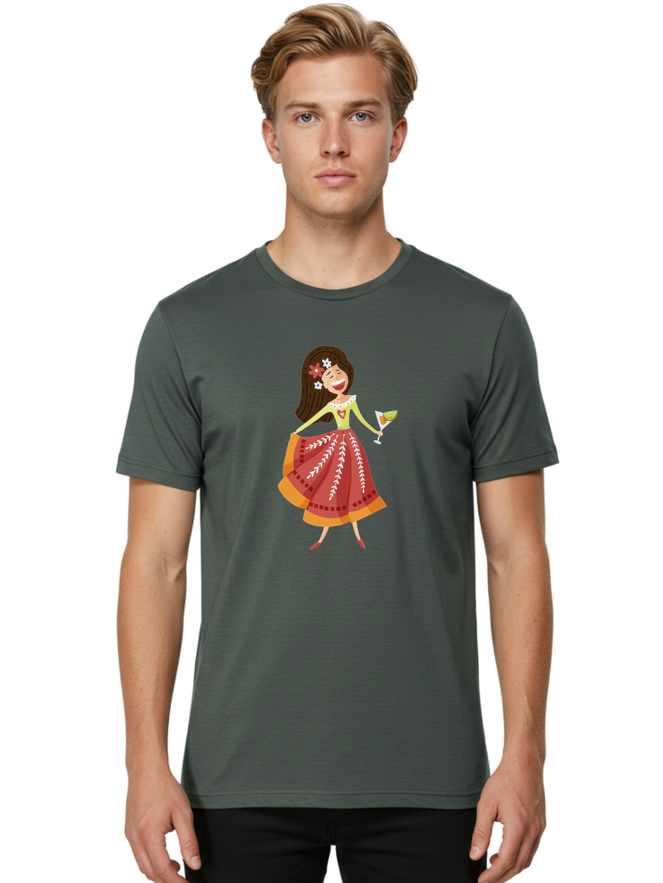 Woman-With-Cocktail Men'S Graphic Tee, 100% Cotton, Comfortable Casual Summer Wear, Machine Washable, Happy Woman, Cocktail Glass, Festive Atmosphere, Colorful Dress, Flowers In Hair, Celebratory Drink, Joyful Expression, Elegant Pose Aad773 4